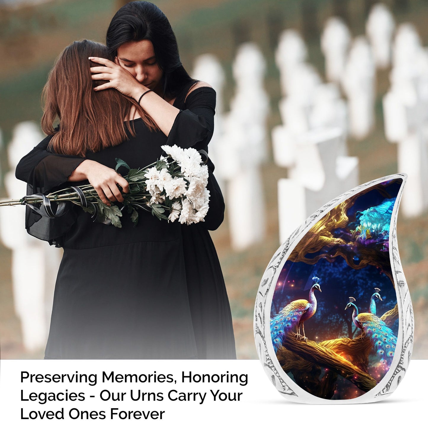 A large metal urn showcasing Peacock dual-face design, suitable for filing adult human ashes - a custom, unique burial urn option