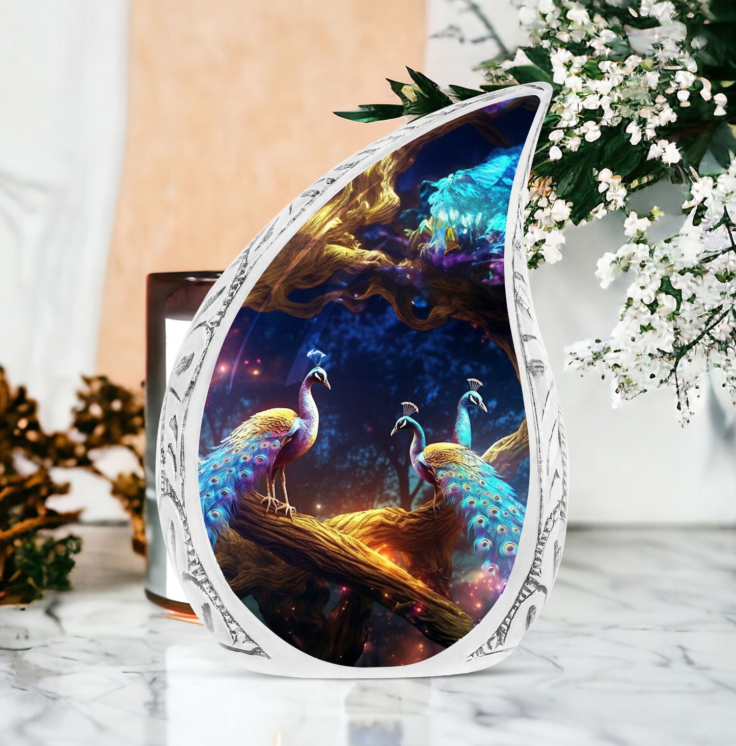 A large metal urn showcasing Peacock dual-face design, suitable for filing adult human ashes - a custom, unique burial urn option