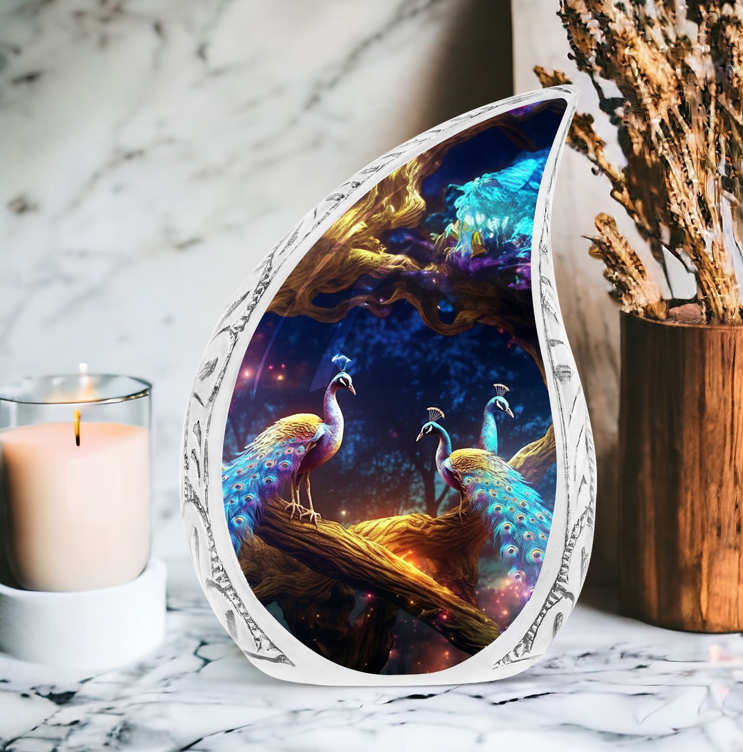 A large metal urn showcasing Peacock dual-face design, suitable for filing adult human ashes - a custom, unique burial urn option