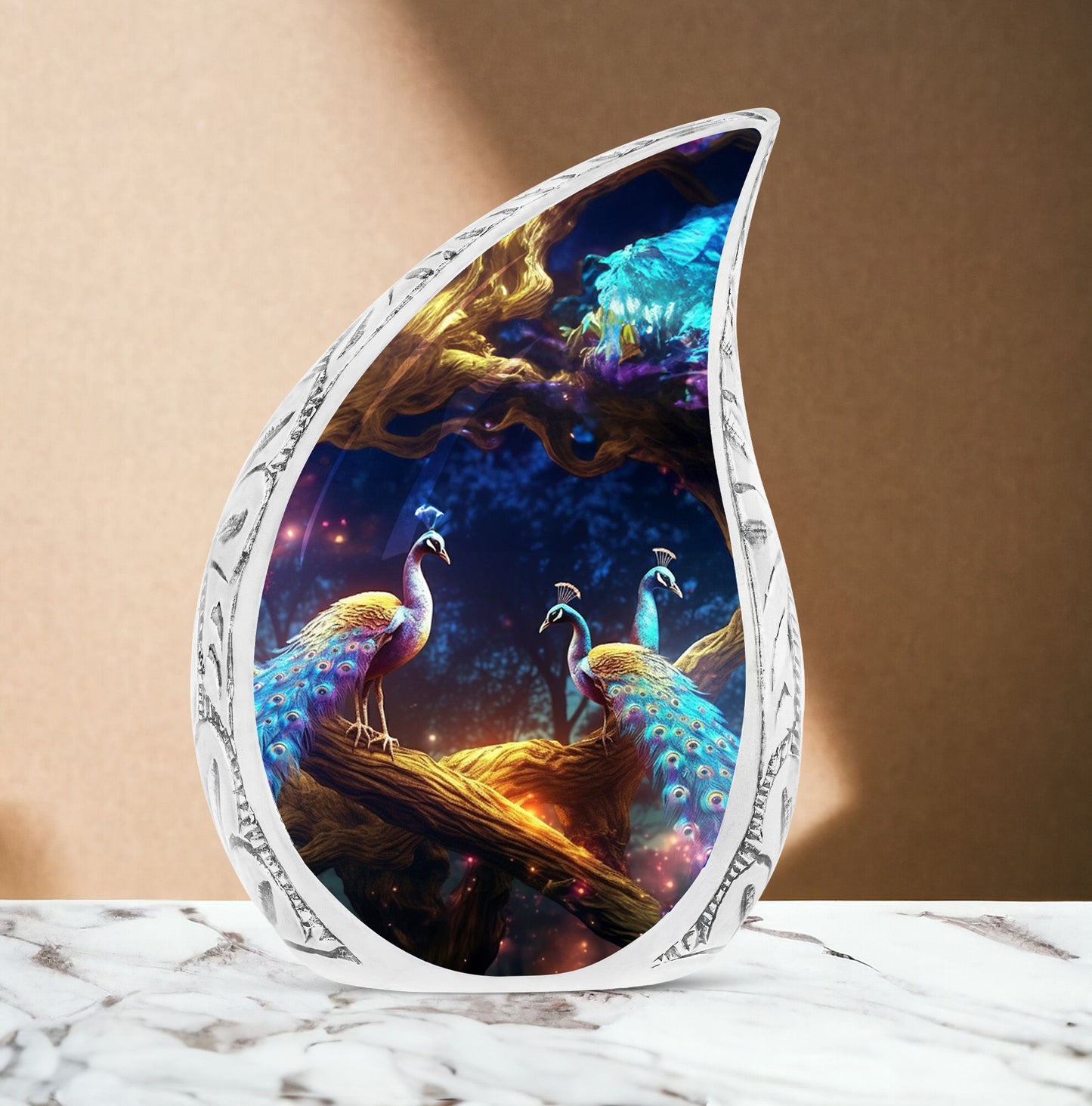 A large metal urn showcasing Peacock dual-face design, suitable for filing adult human ashes - a custom, unique burial urn option