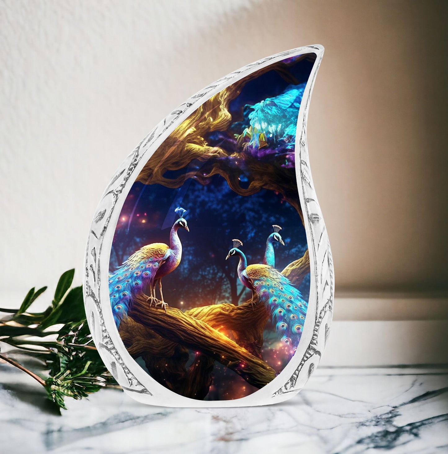 A large metal urn showcasing Peacock dual-face design, suitable for filing adult human ashes - a custom, unique burial urn option