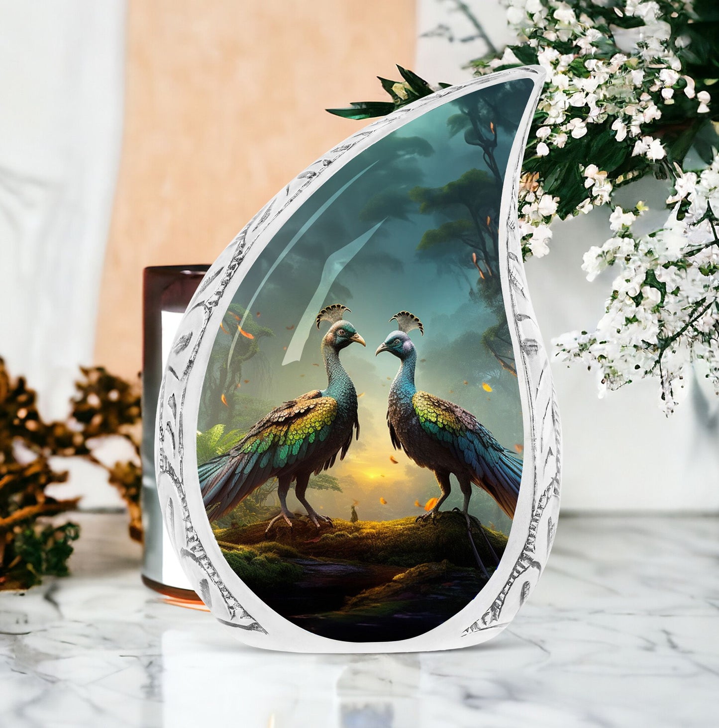 Large Peacock Due Morning urn, an ideal metal ash holder for adult human ashes