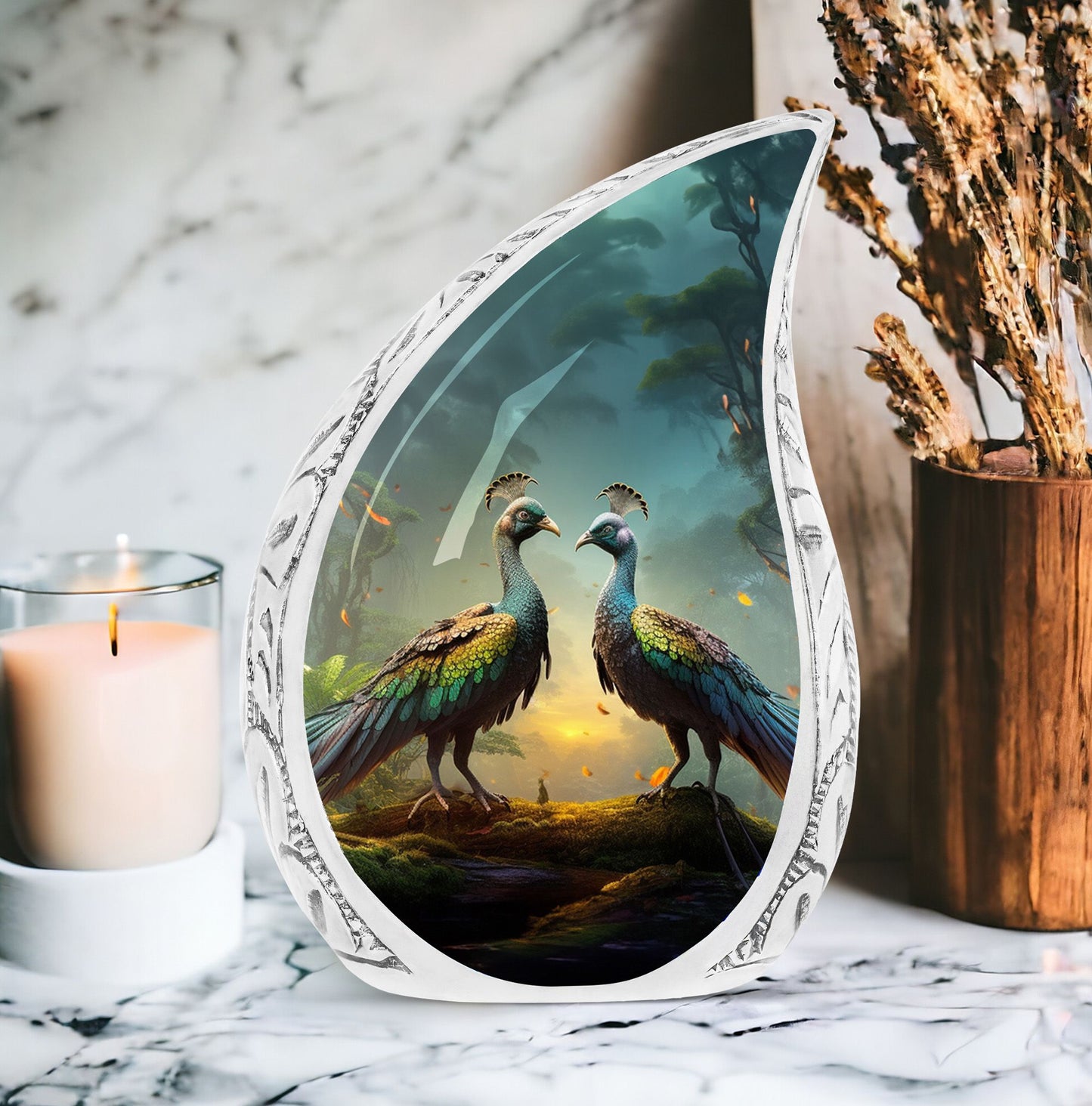 Large Peacock Due Morning urn, an ideal metal ash holder for adult human ashes