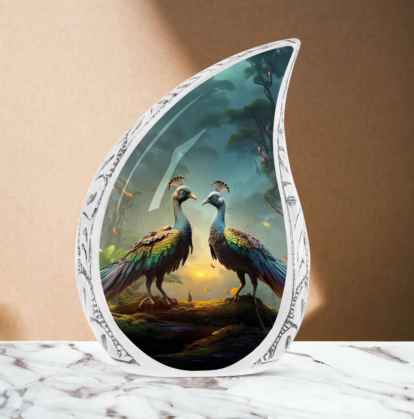 Large Peacock Due Morning urn, an ideal metal ash holder for adult human ashes