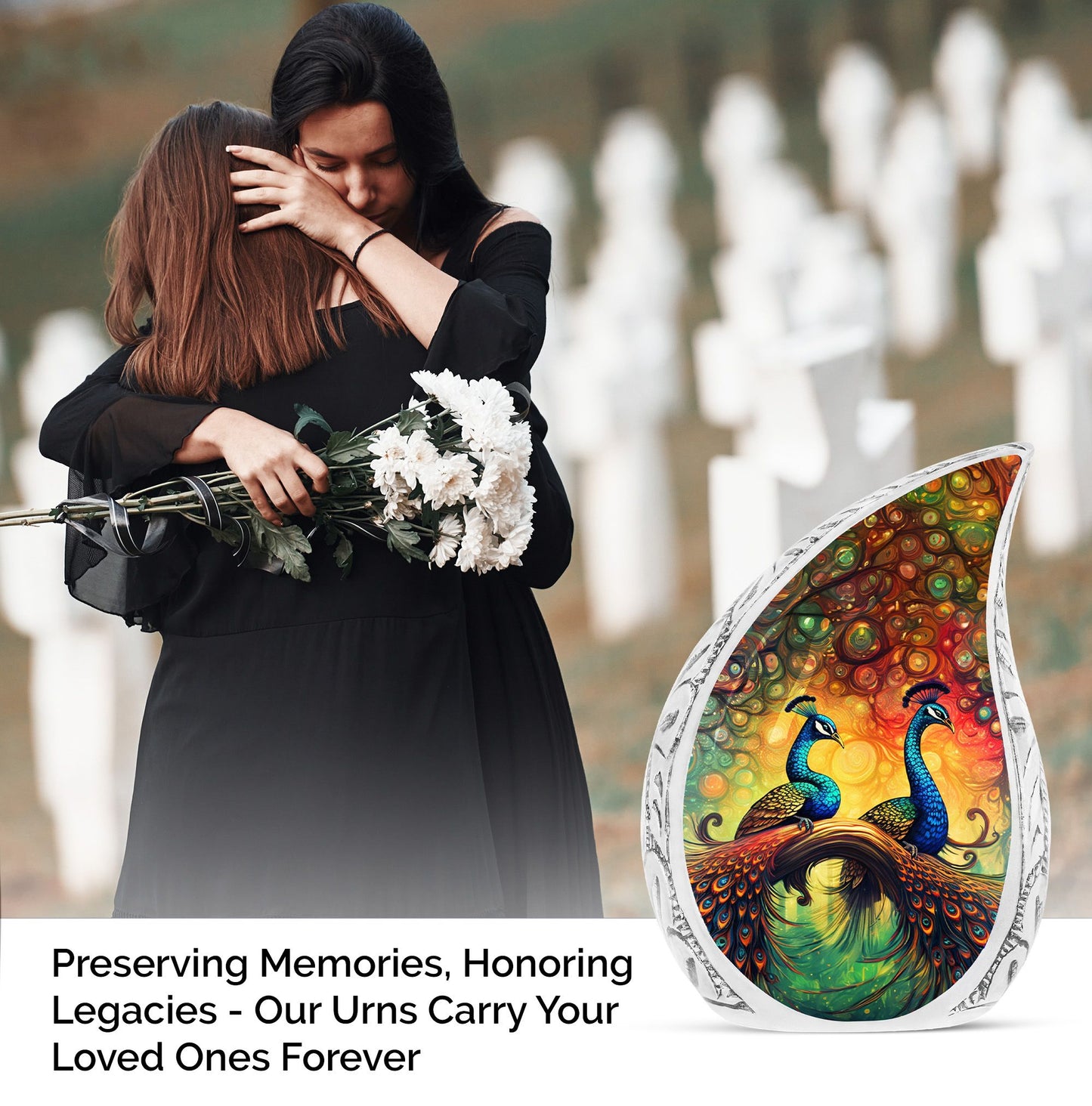Large Peacock Due urn, a unique metal urn for human ashes. Ideal urna para cenizas humanas, suitable for adult female ashes.