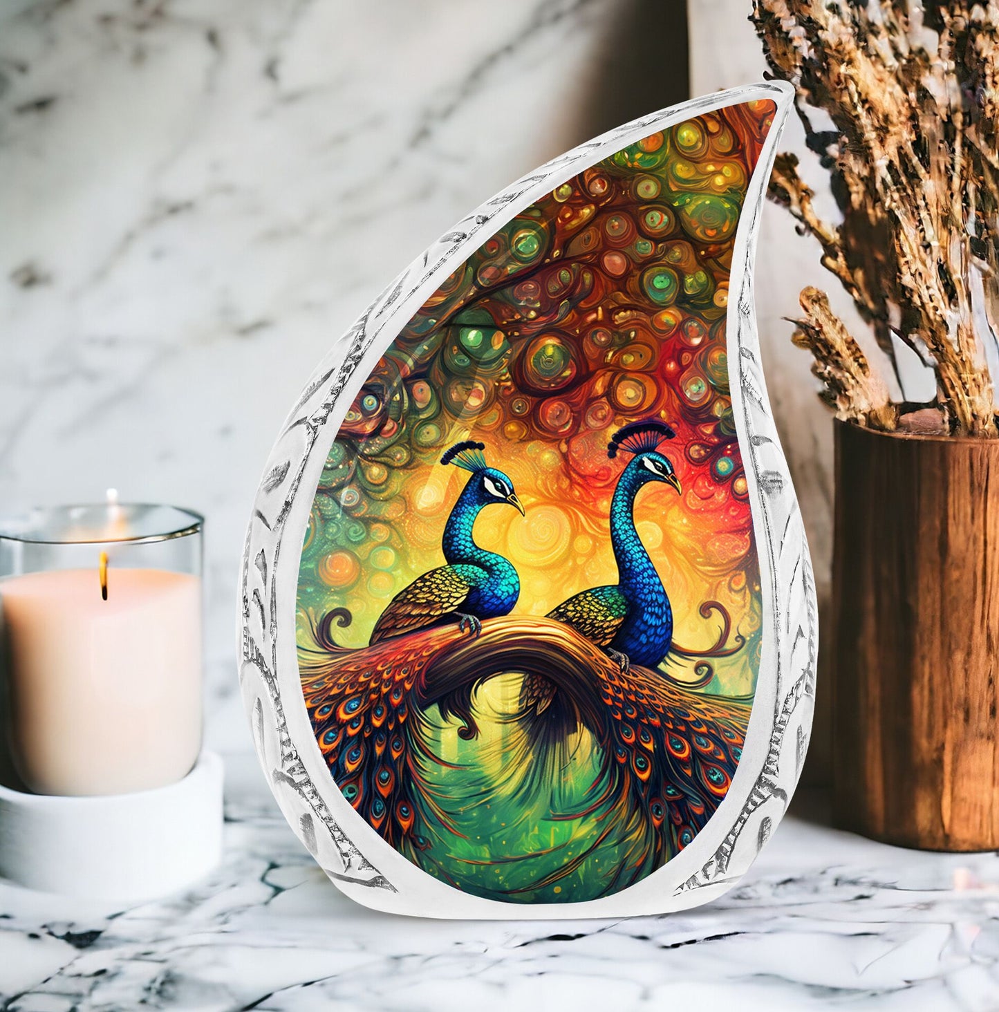 Large Peacock Due urn, a unique metal urn for human ashes. Ideal urna para cenizas humanas, suitable for adult female ashes.