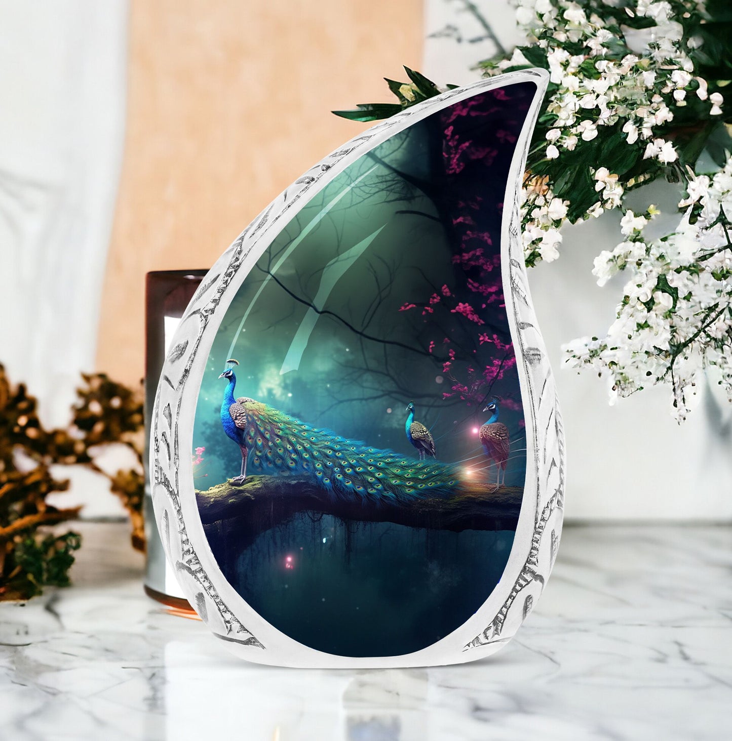 Large cremation urn adorned with three peacocks on the right, ideal memorial urn for dad