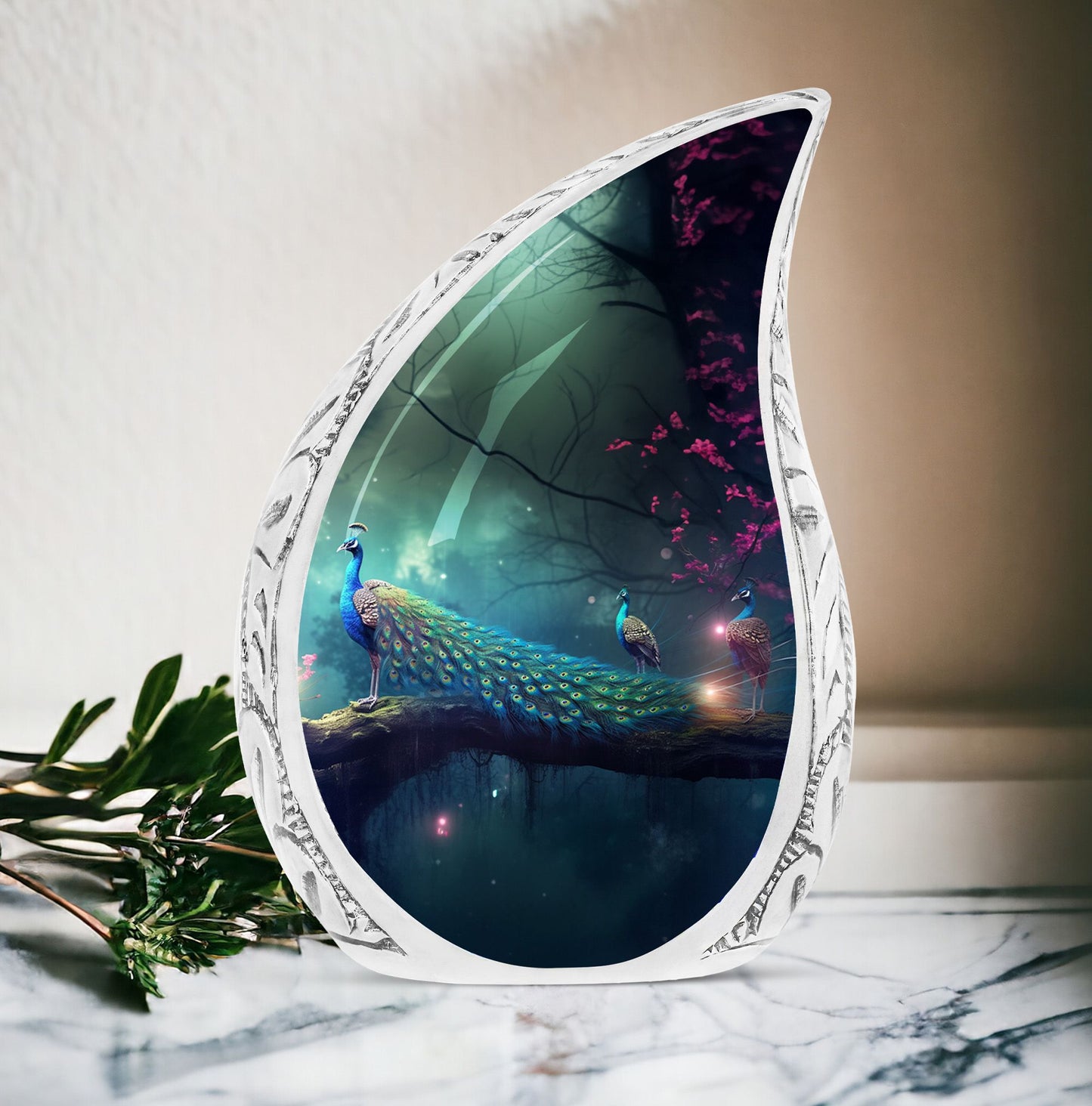 Large cremation urn adorned with three peacocks on the right, ideal memorial urn for dad