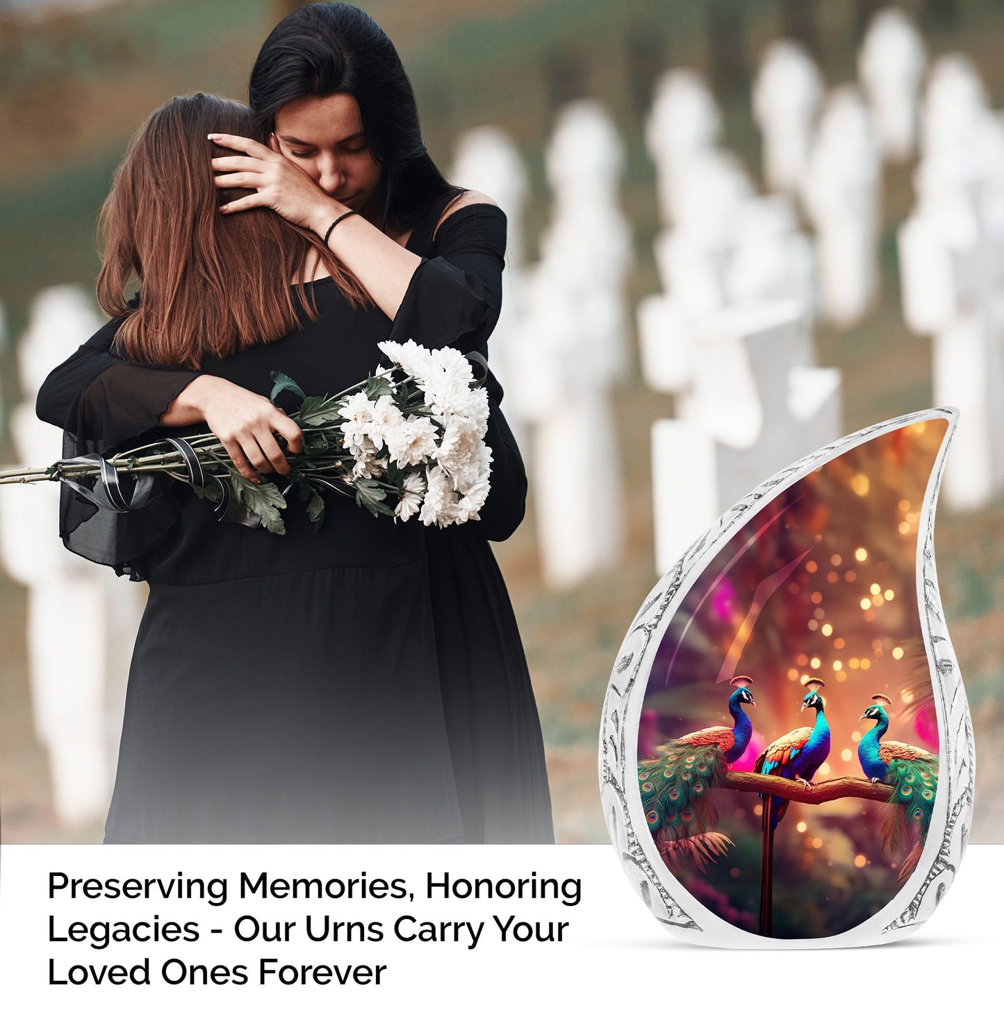 Large metal cremation urn featuring three peacock design, suitable for adult male human ashes