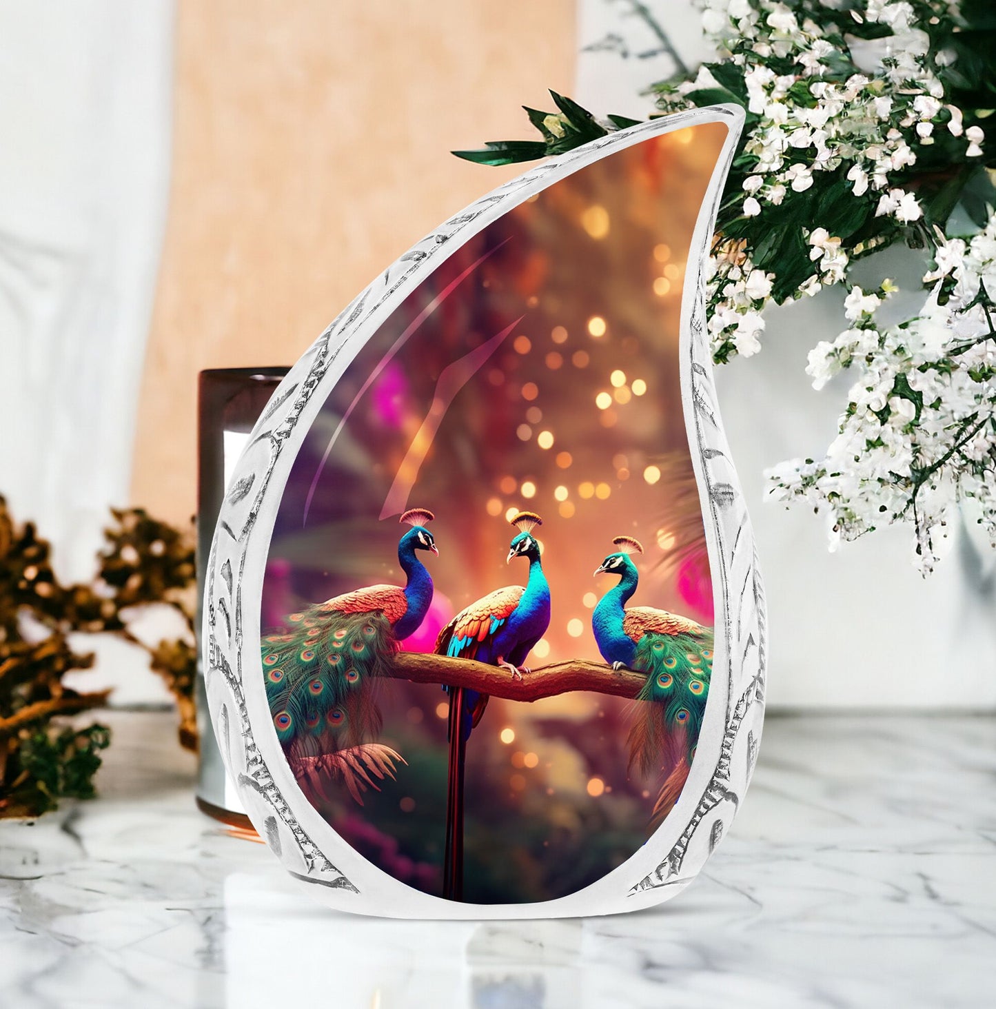 Large metal cremation urn featuring three peacock design, suitable for adult male human ashes