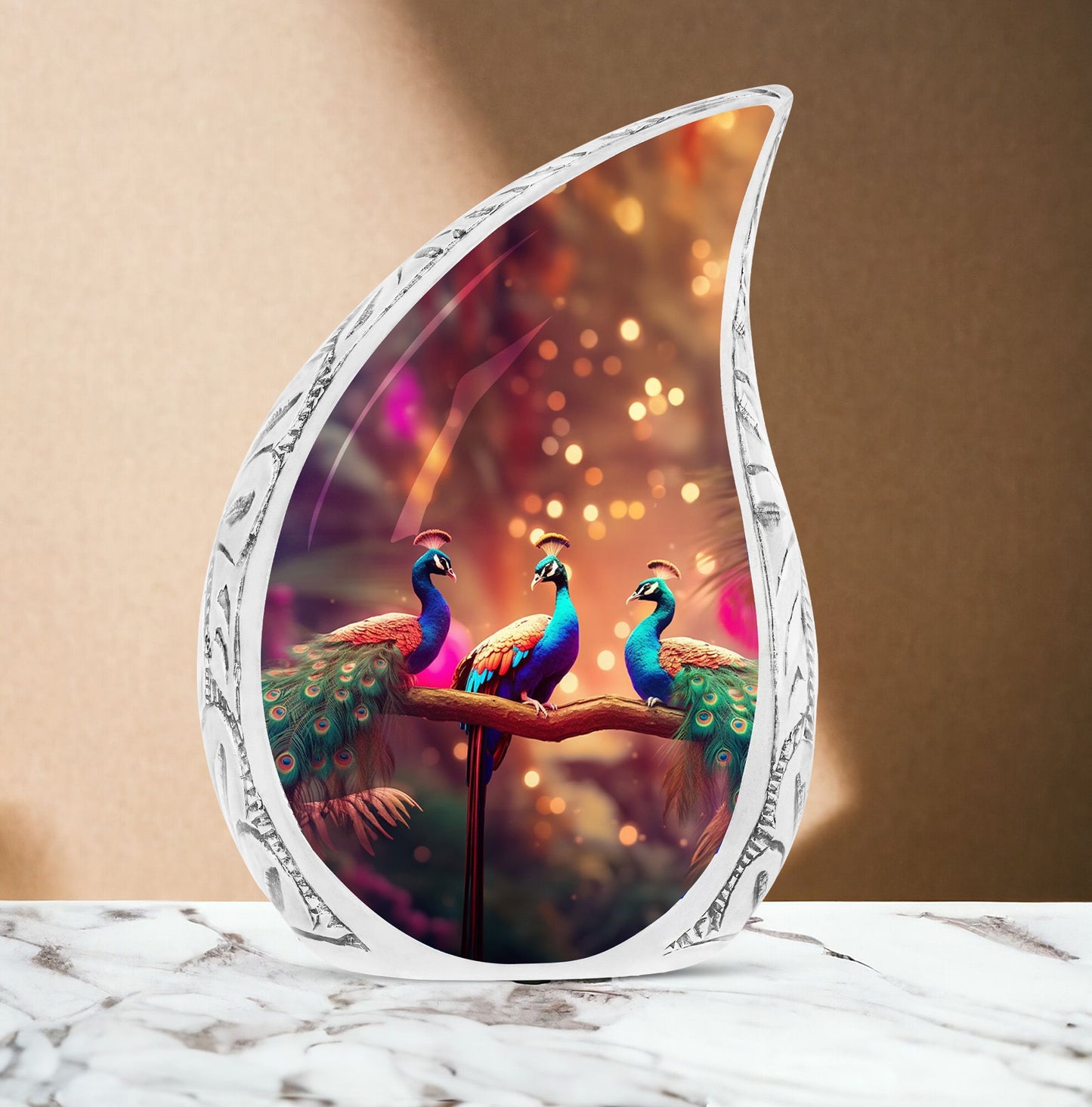Large metal cremation urn featuring three peacock design, suitable for adult male human ashes