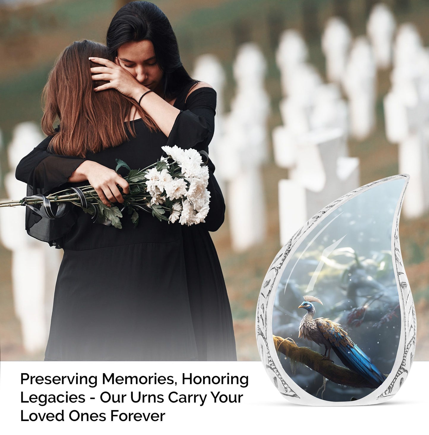 Large cremation urn with a unique mythical peacock design holding human ashes, perfect vase for the ashes of a loved one.
