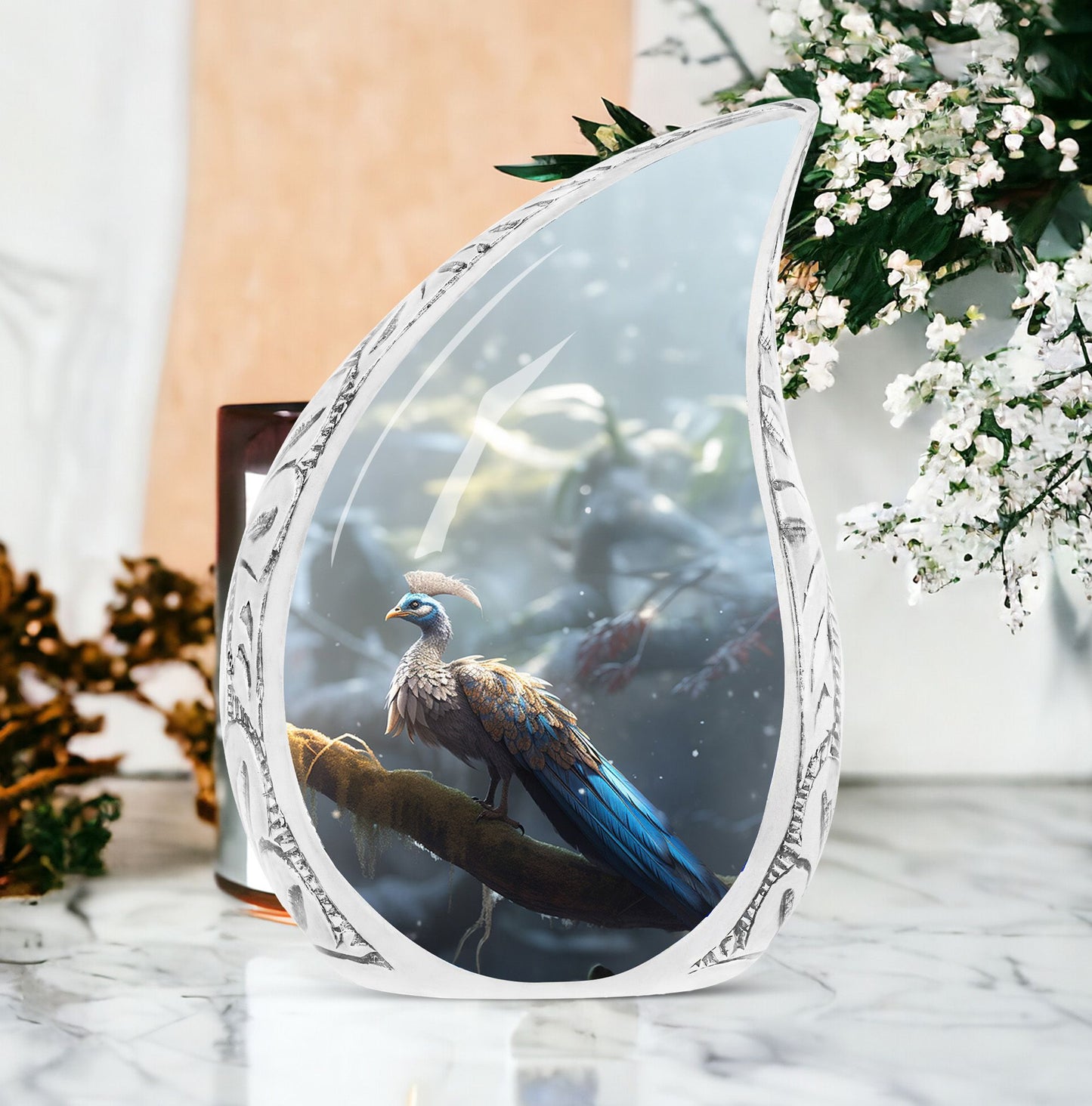 Large cremation urn with a unique mythical peacock design holding human ashes, perfect vase for the ashes of a loved one.