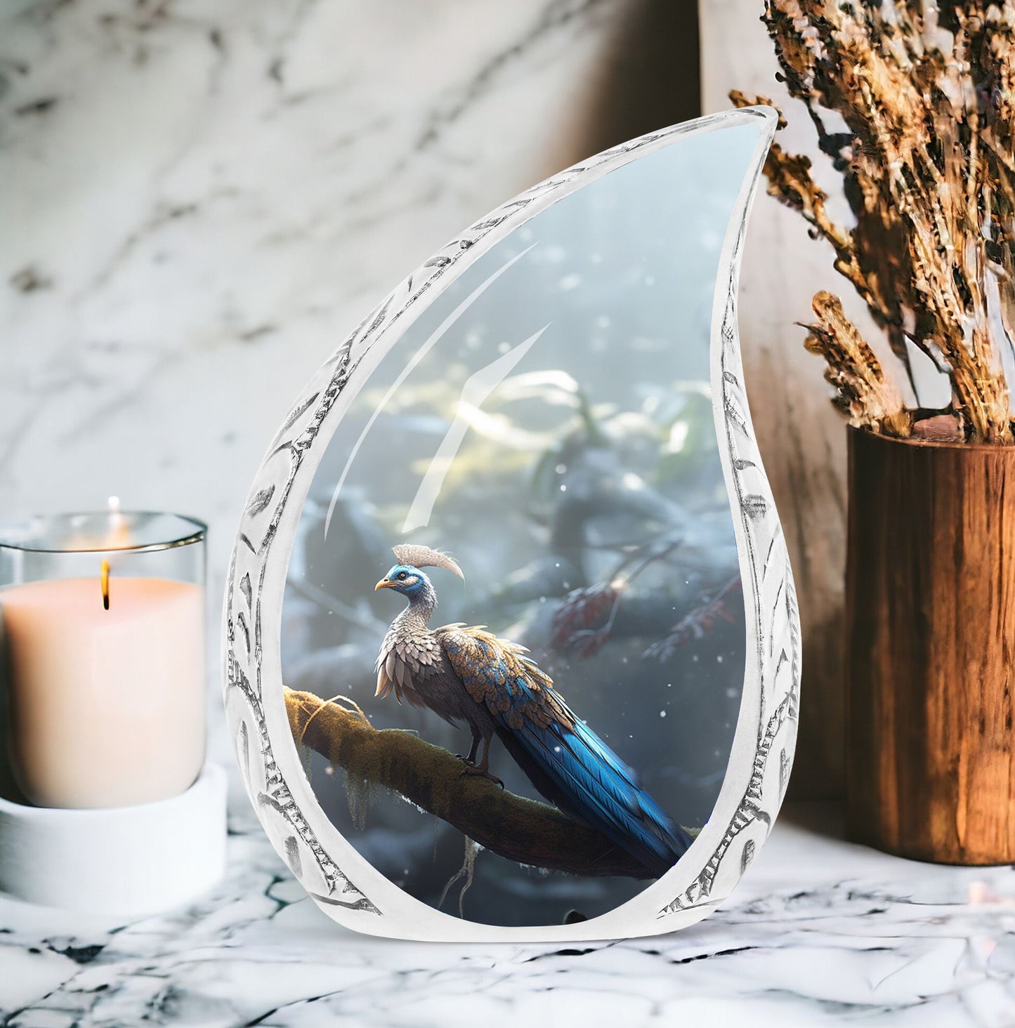 Large cremation urn with a unique mythical peacock design holding human ashes, perfect vase for the ashes of a loved one.