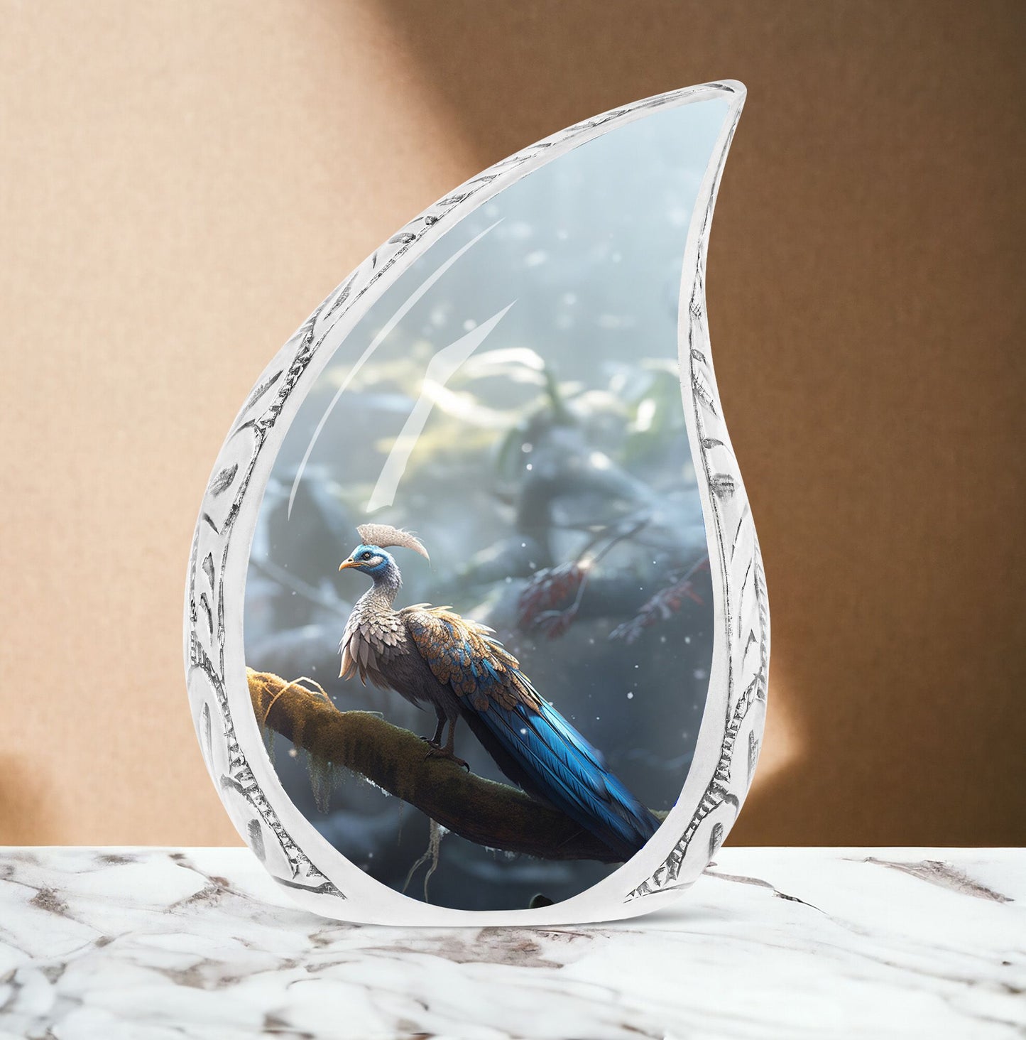 Large cremation urn with a unique mythical peacock design holding human ashes, perfect vase for the ashes of a loved one.