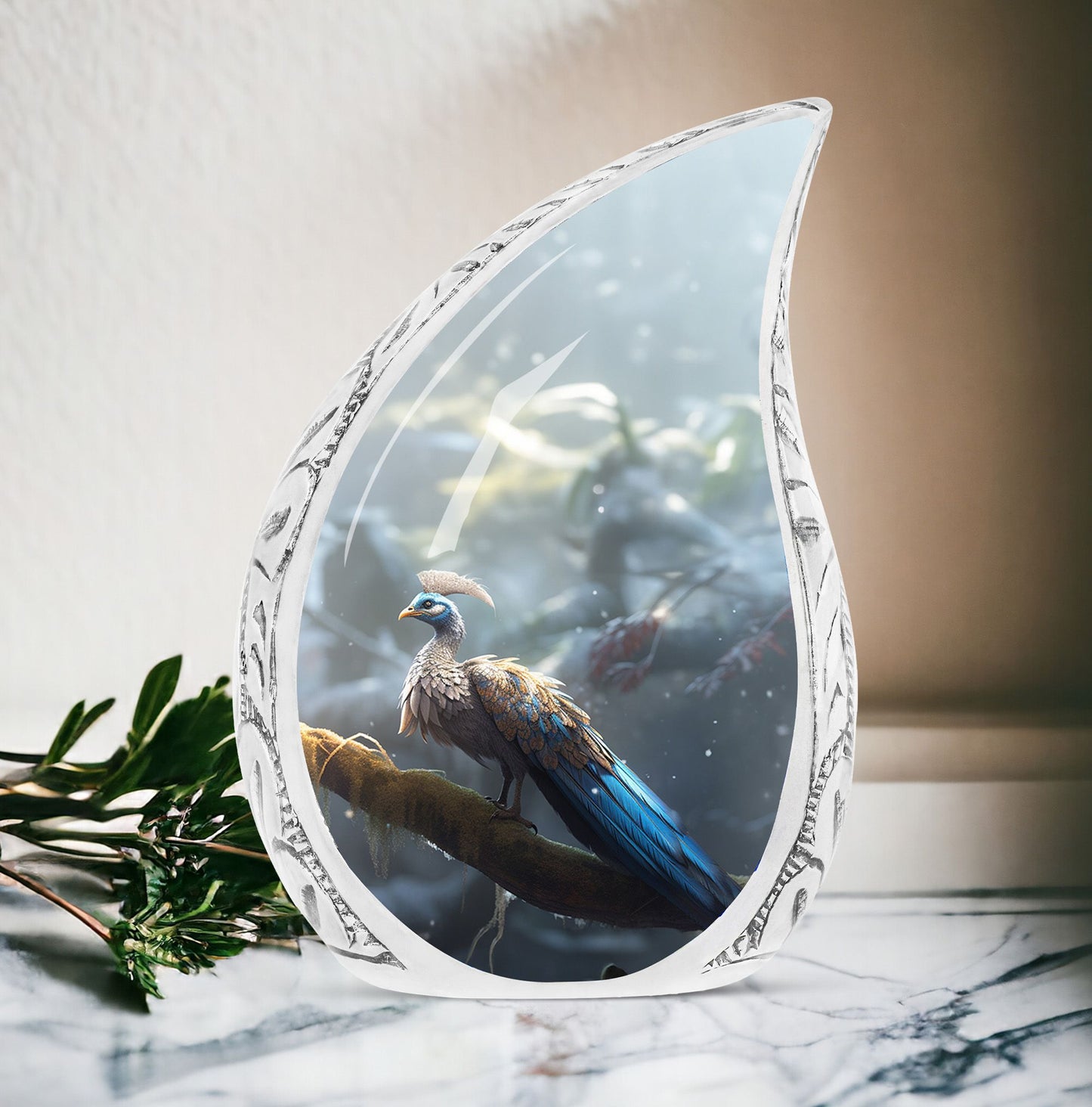 Large cremation urn with a unique mythical peacock design holding human ashes, perfect vase for the ashes of a loved one.