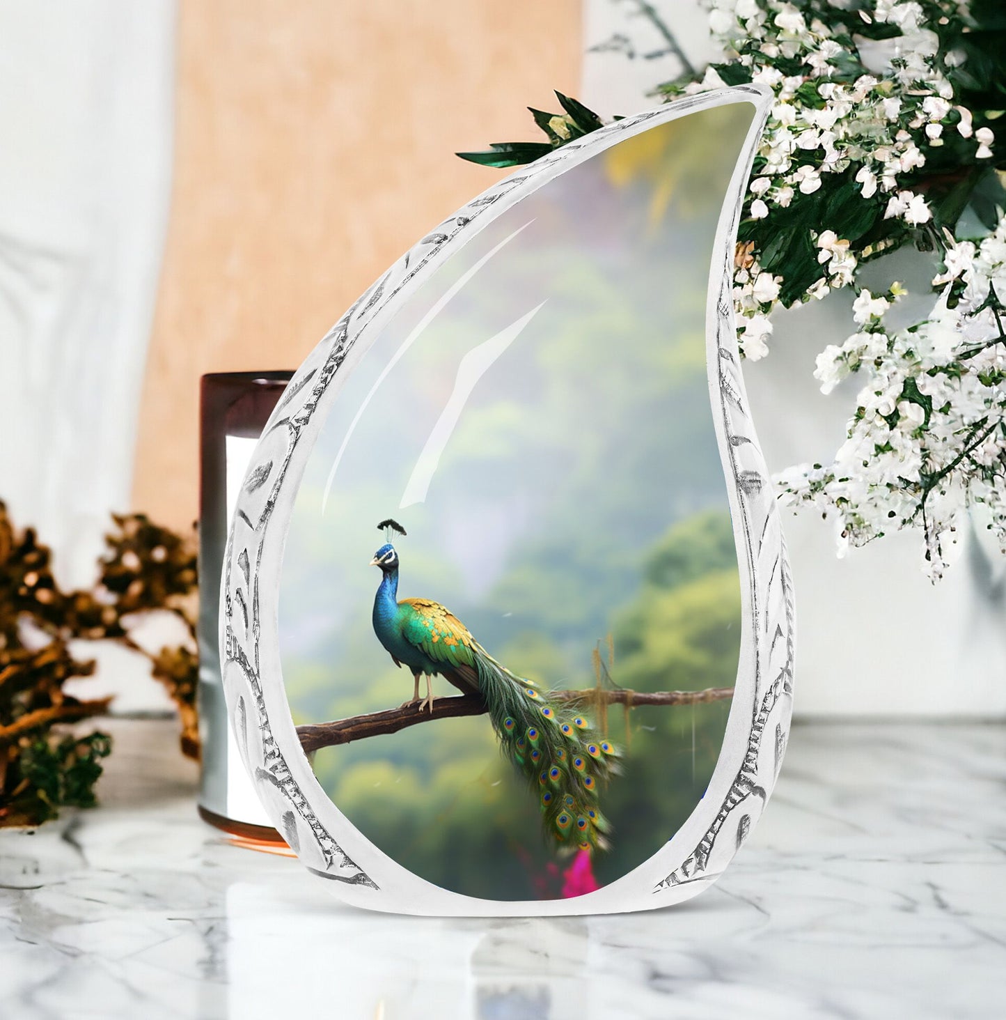 Large, unique peacock urn made of metal suitable for adult human ashes, portraying a peacock perched on a branch
