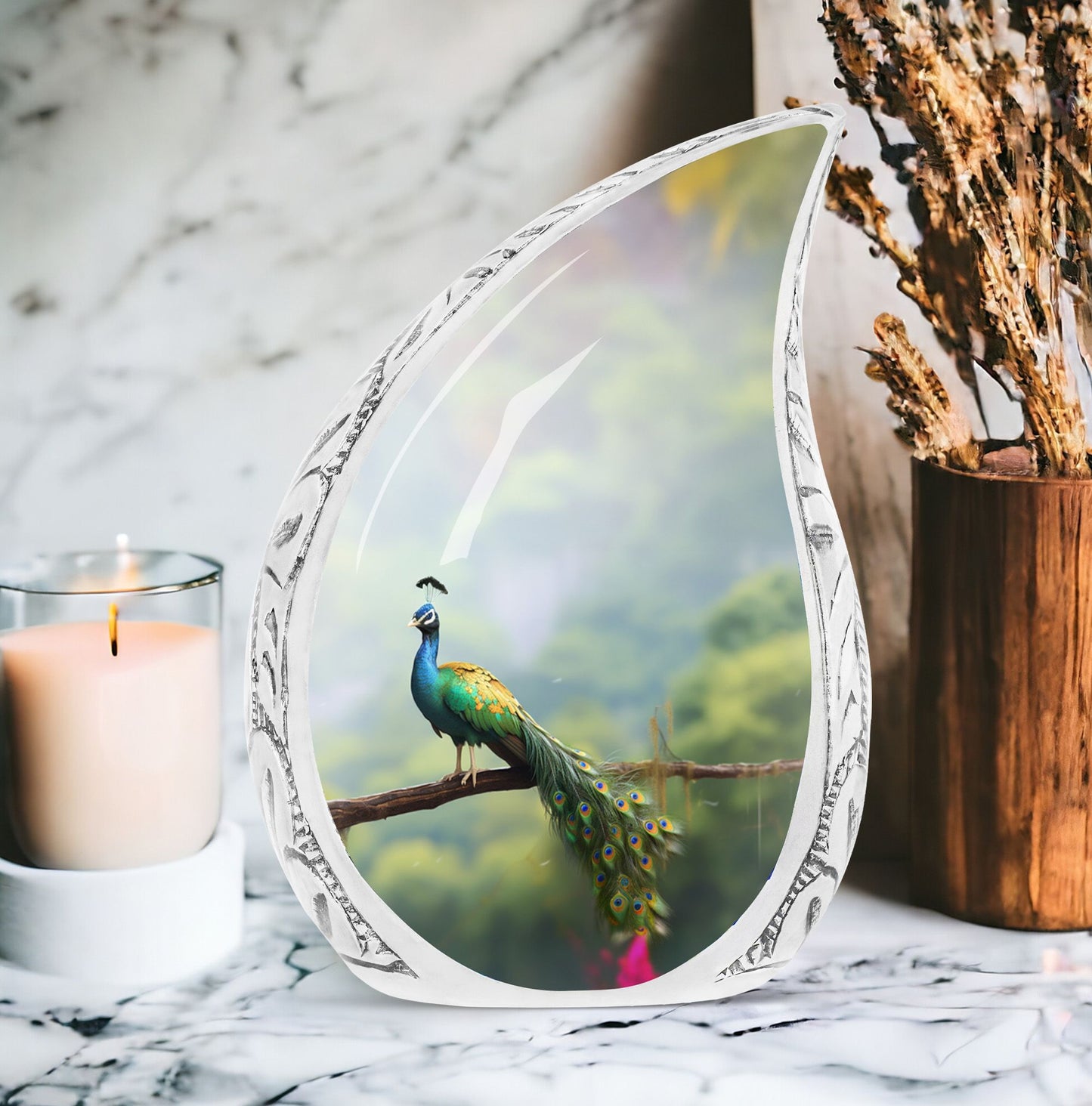 Large, unique peacock urn made of metal suitable for adult human ashes, portraying a peacock perched on a branch