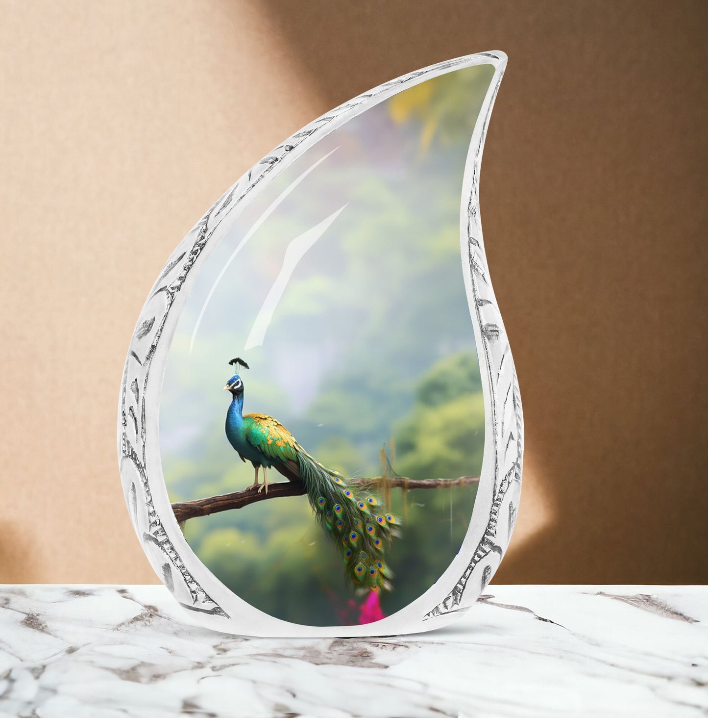 Large, unique peacock urn made of metal suitable for adult human ashes, portraying a peacock perched on a branch