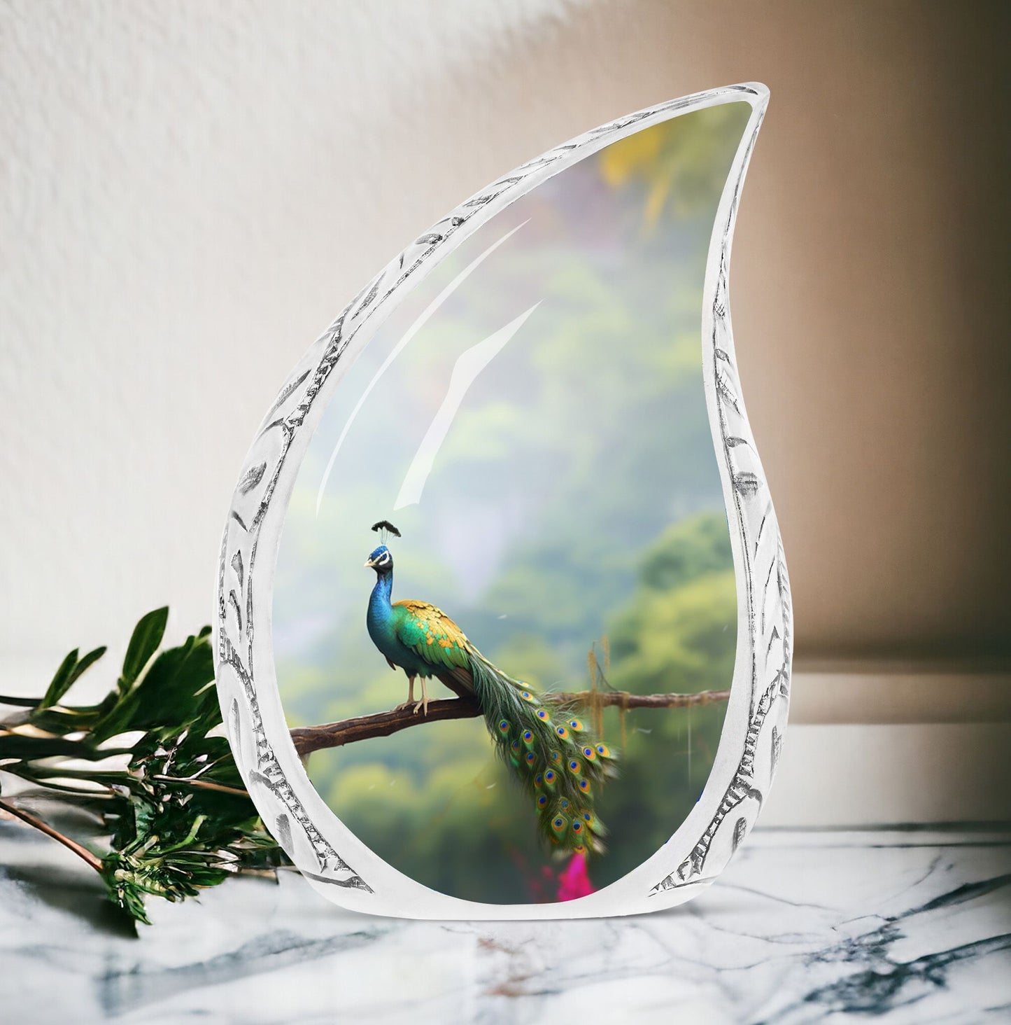 Large, unique peacock urn made of metal suitable for adult human ashes, portraying a peacock perched on a branch