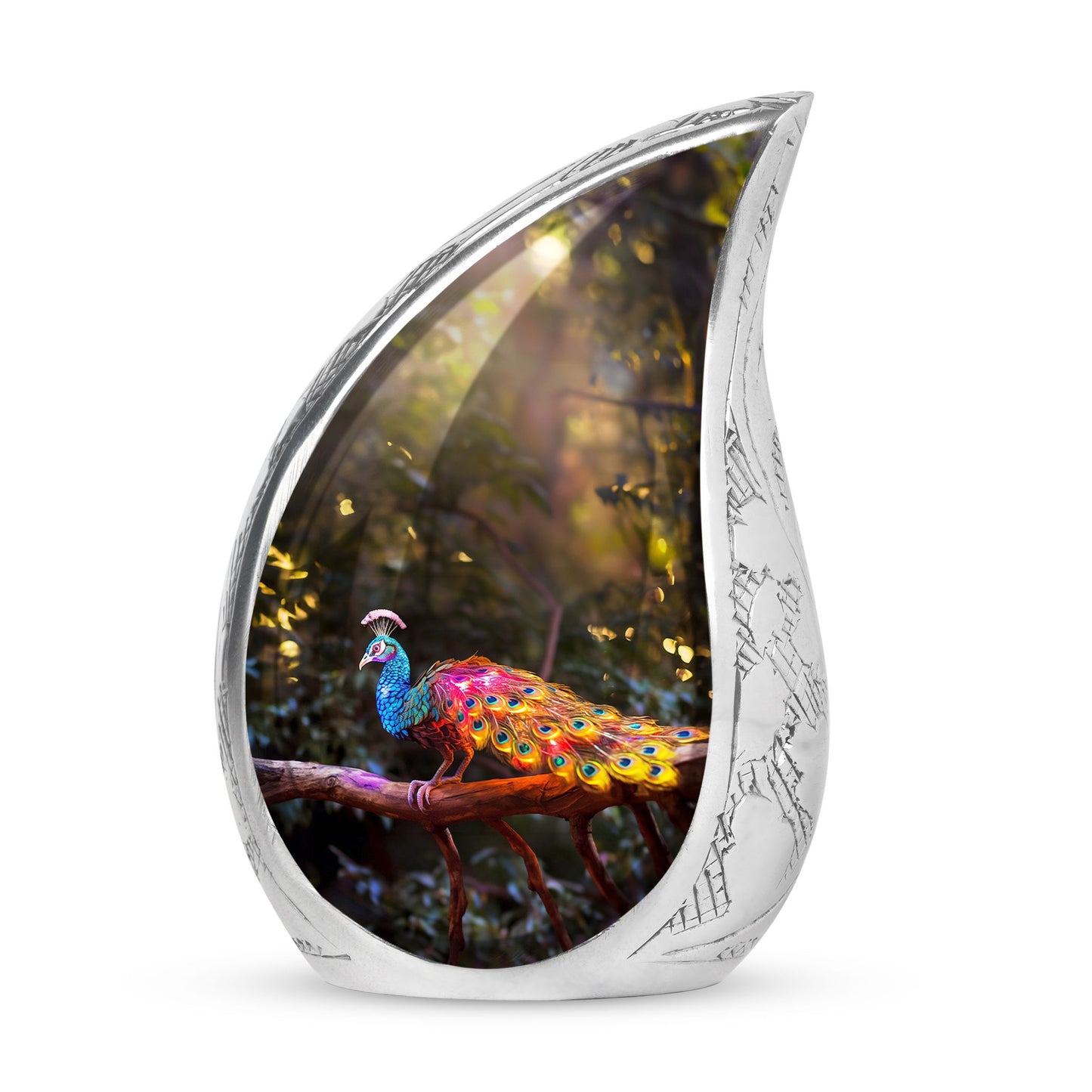 Large Peacock-themed urn for human ashes with a glowing tail, ideal for adult man's burial or cremation