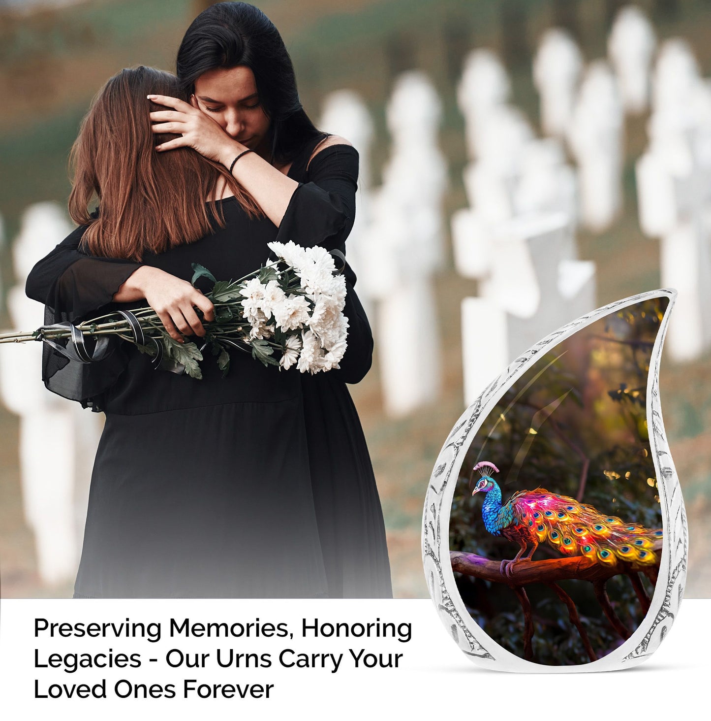 Large Peacock-themed urn for human ashes with a glowing tail, ideal for adult man's burial or cremation