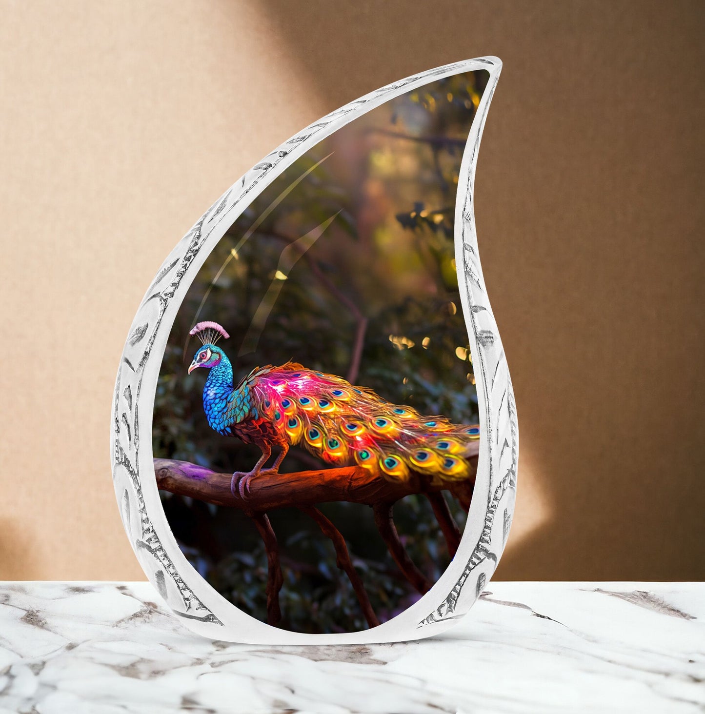 Large Peacock-themed urn for human ashes with a glowing tail, ideal for adult man's burial or cremation