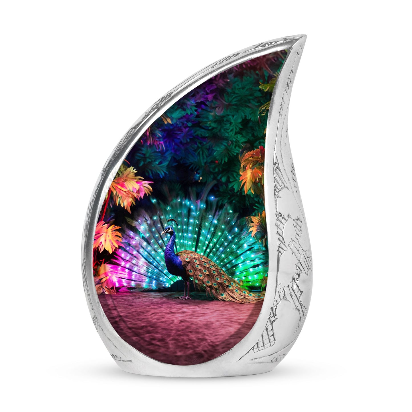 Large, unique, rainbow-colored peacock-themed cremation urn for adult female human ashes.