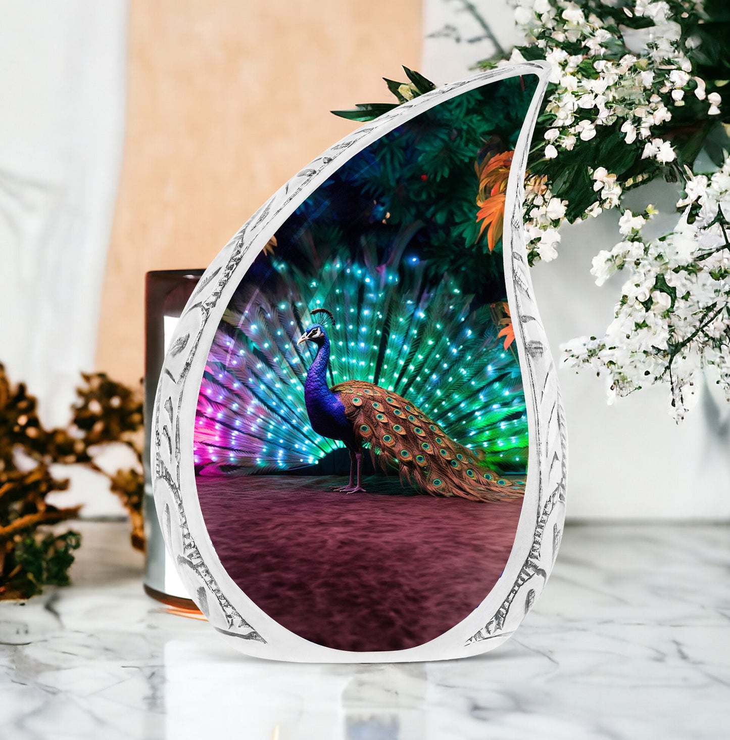 Large, unique, rainbow-colored peacock-themed cremation urn for adult female human ashes.
