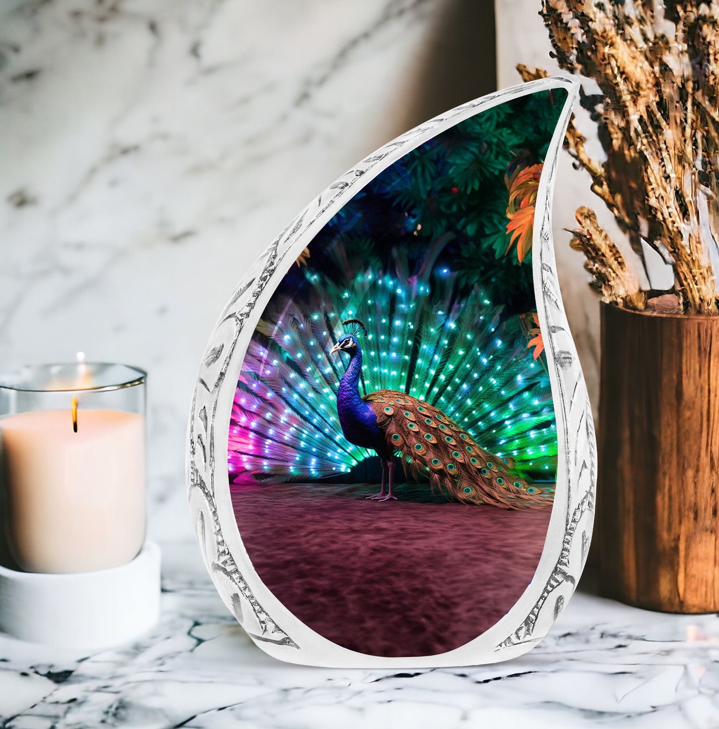 Large, unique, rainbow-colored peacock-themed cremation urn for adult female human ashes.