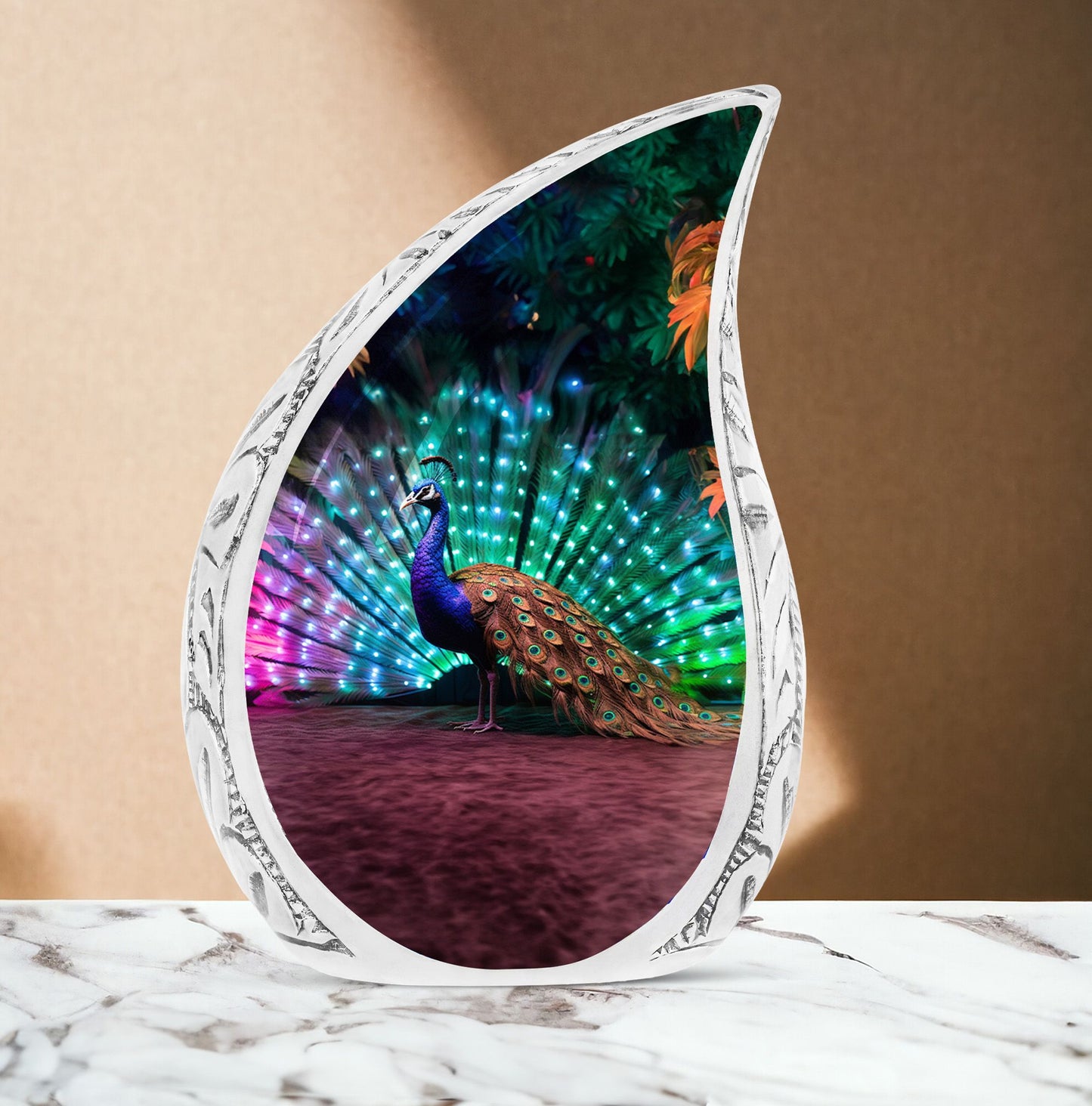 Large, unique, rainbow-colored peacock-themed cremation urn for adult female human ashes.