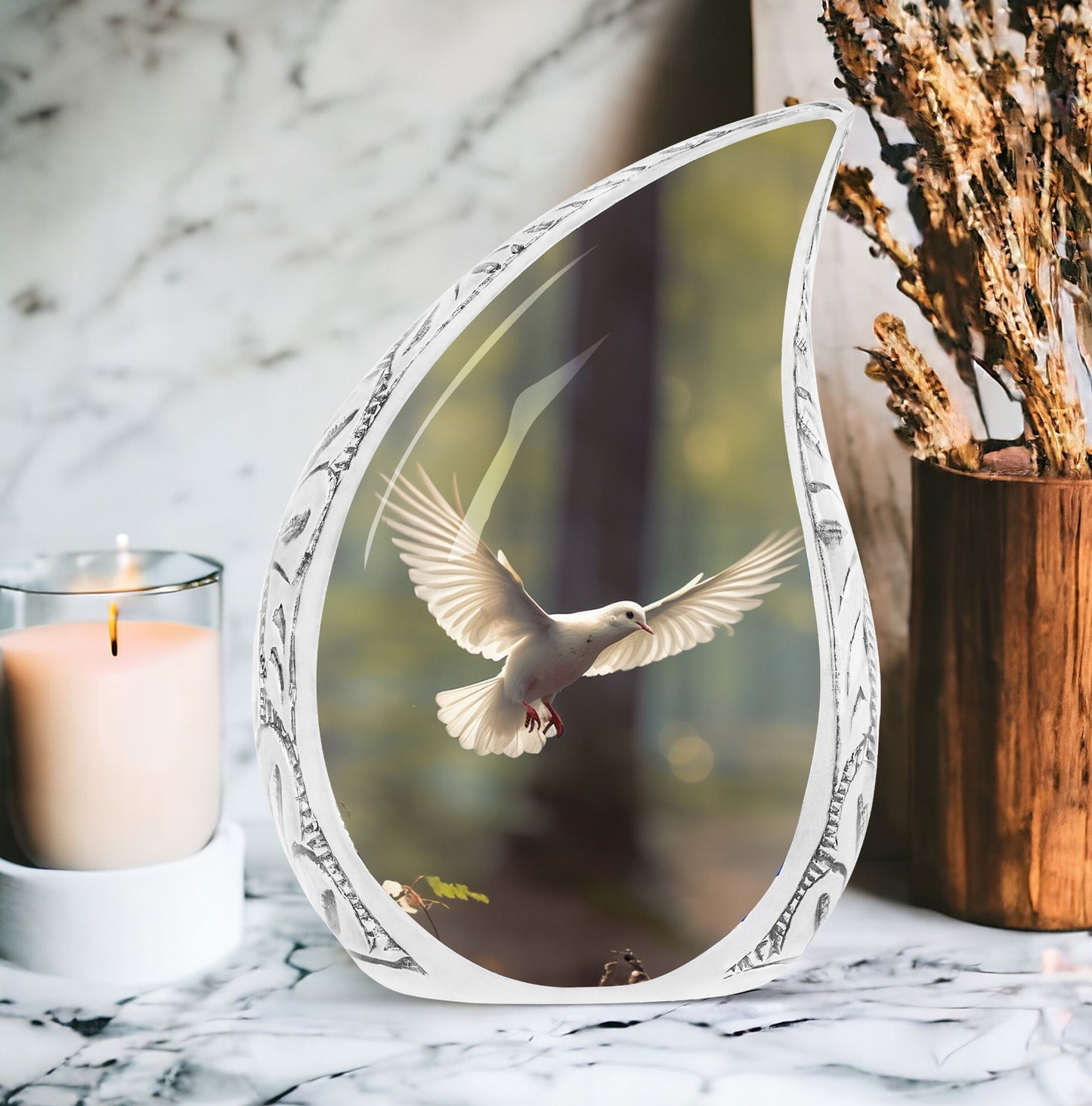 Large urn for adult ashes with Dove flying theme, ideal for funeral decorations and cremation ceremonies