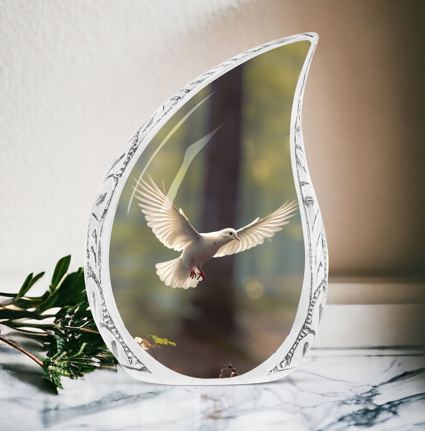 Large urn for adult ashes with Dove flying theme, ideal for funeral decorations and cremation ceremonies