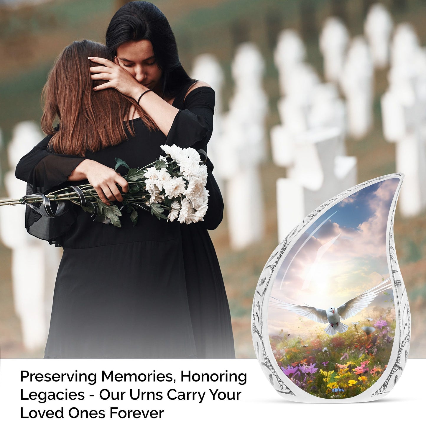 Large Dove Urn featuring a dove flying over a vibrant field of flowers, perfect for adult cremation ashes.
