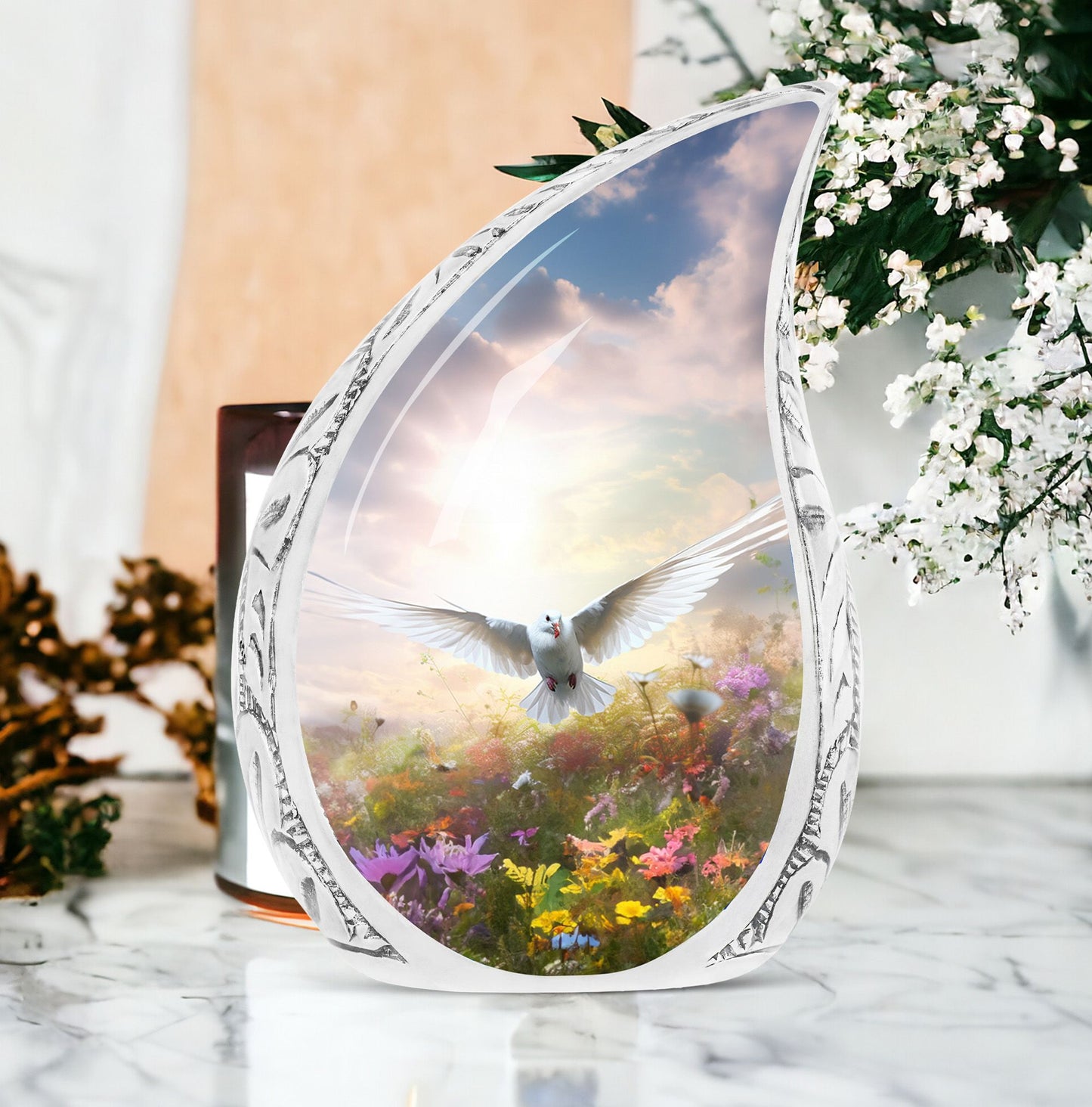 Large Dove Urn featuring a dove flying over a vibrant field of flowers, perfect for adult cremation ashes.