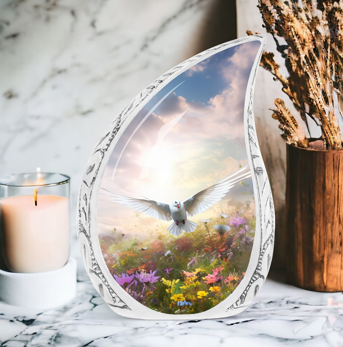 Large Dove Urn featuring a dove flying over a vibrant field of flowers, perfect for adult cremation ashes.