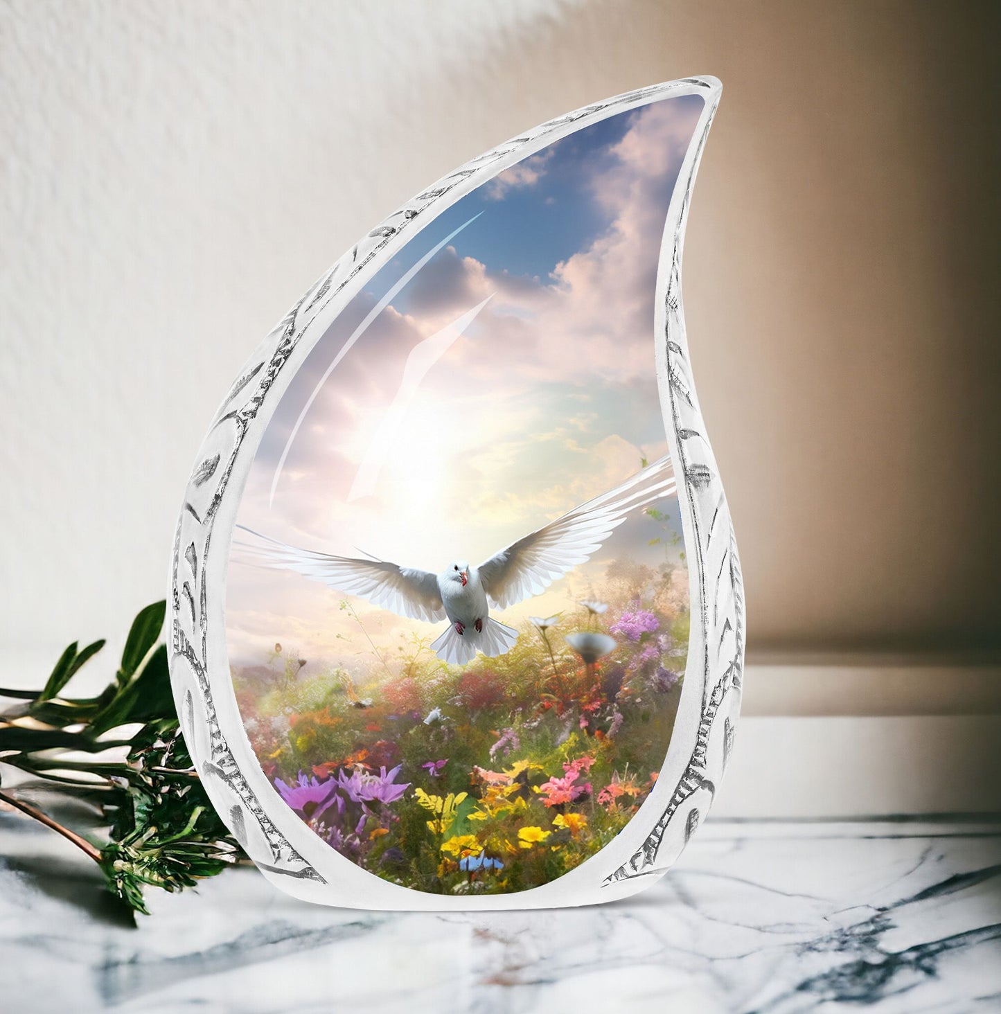 Large Dove Urn featuring a dove flying over a vibrant field of flowers, perfect for adult cremation ashes.