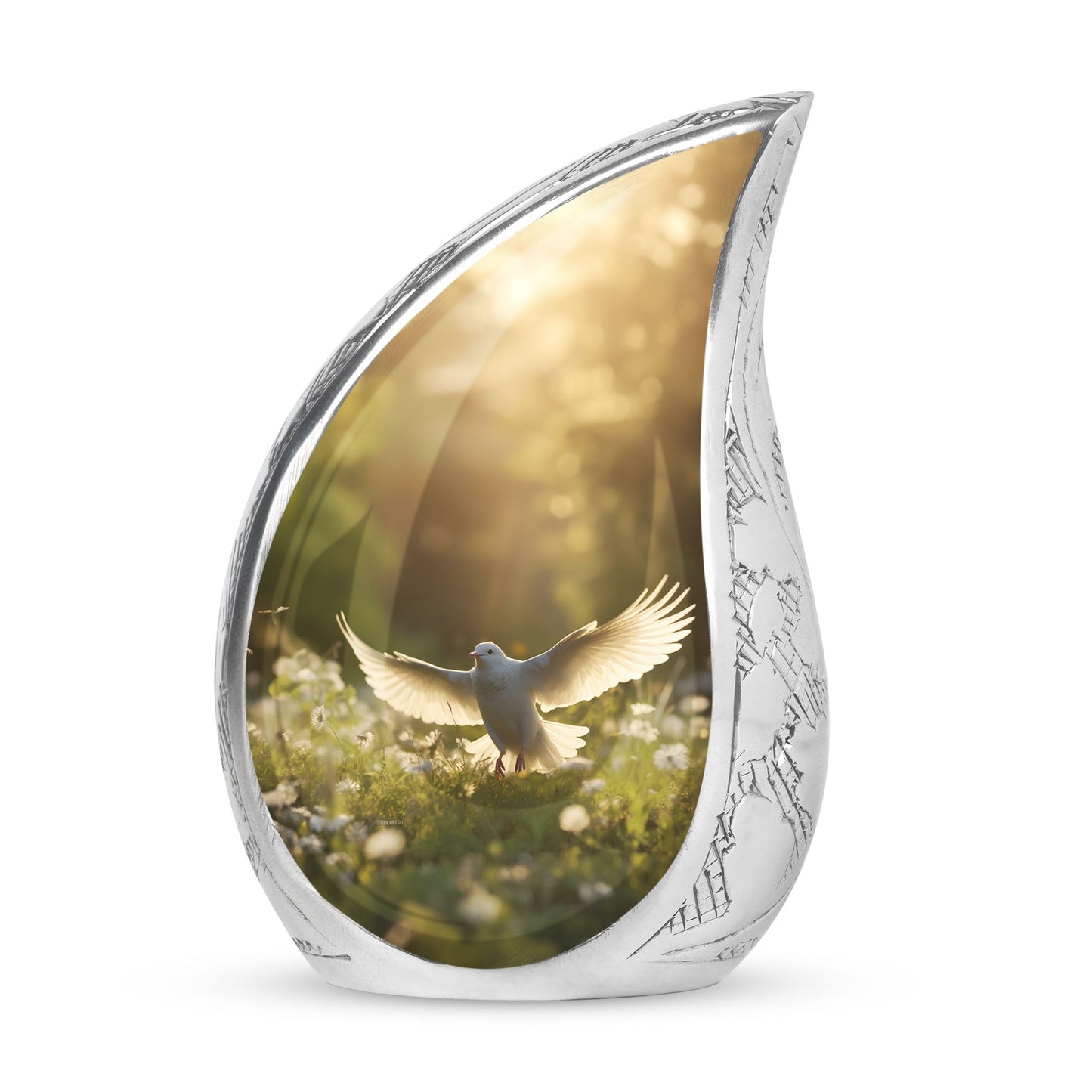 Large urn themed with dove and white flowers for adult human ashes, suitable for cremation and funeral needs