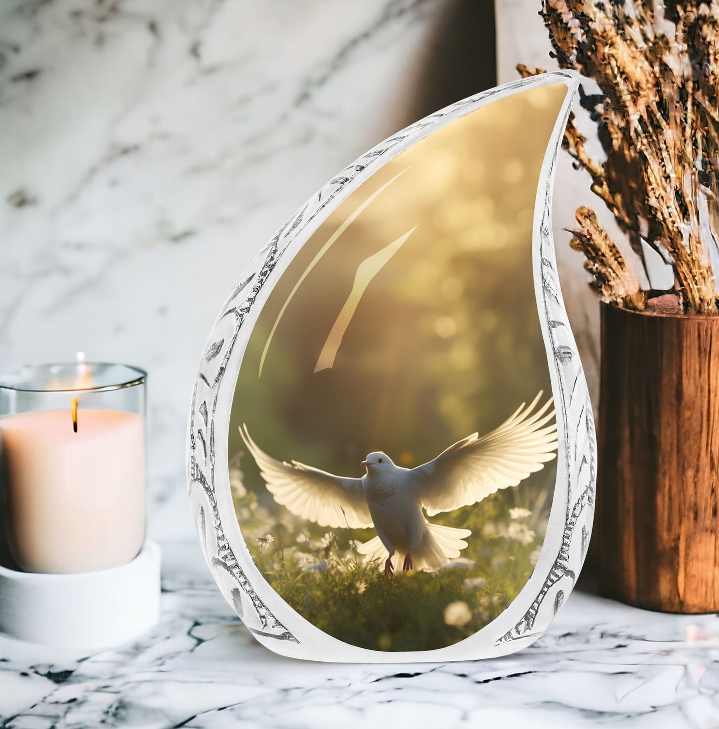 Large urn themed with dove and white flowers for adult human ashes, suitable for cremation and funeral needs
