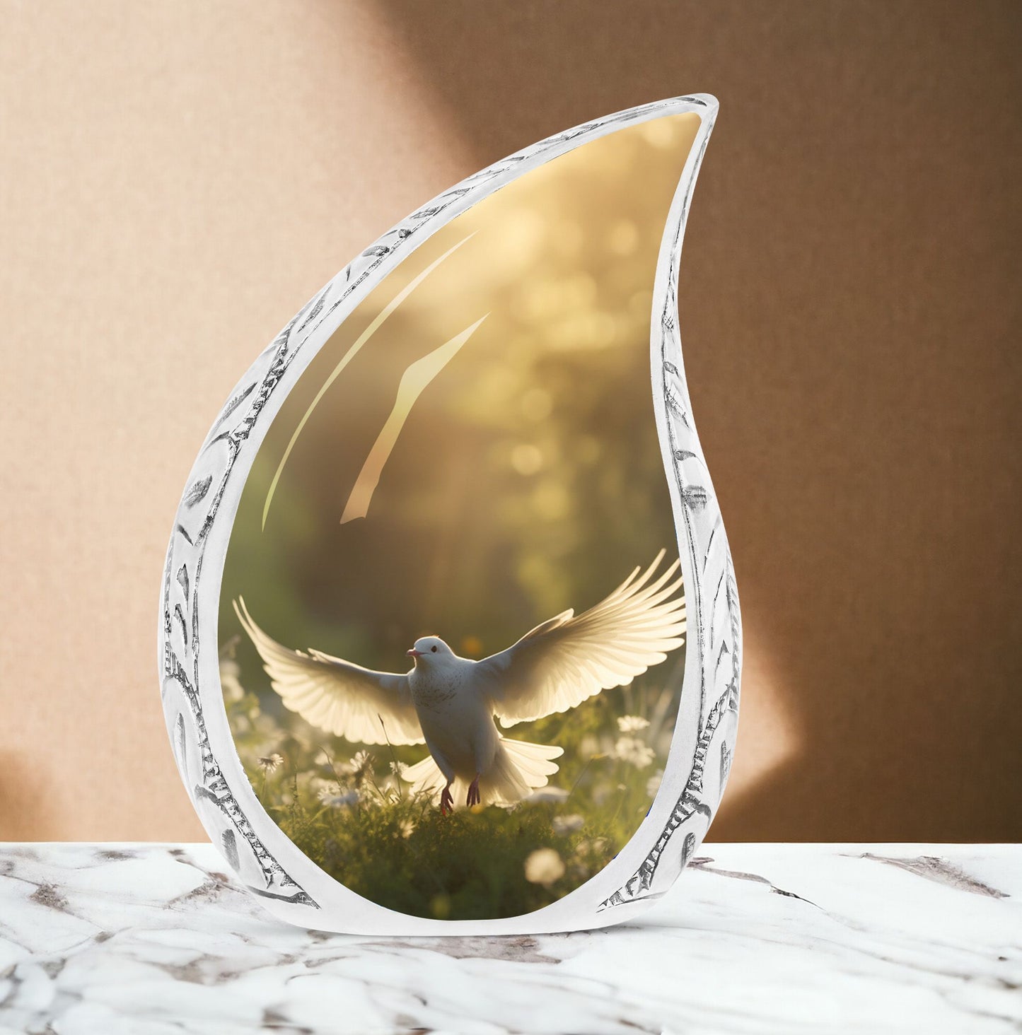 Large urn themed with dove and white flowers for adult human ashes, suitable for cremation and funeral needs