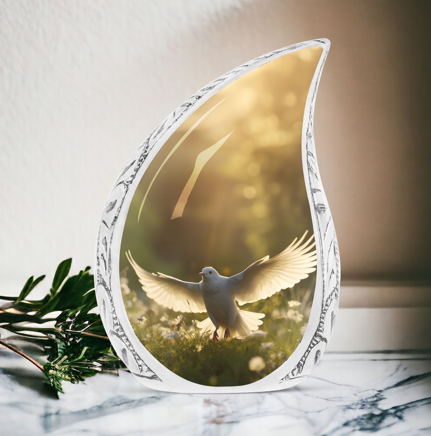 Large urn themed with dove and white flowers for adult human ashes, suitable for cremation and funeral needs