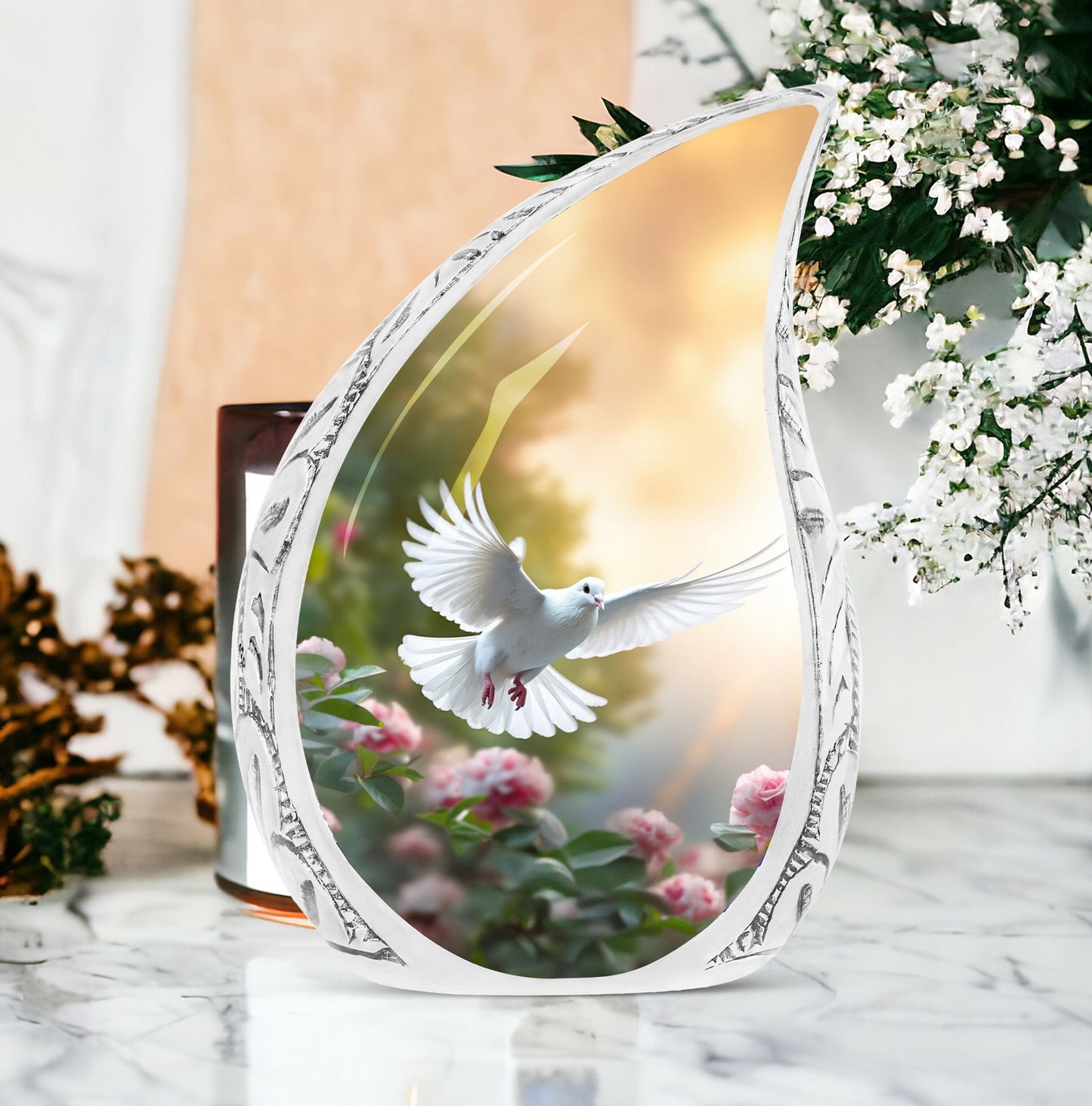Large Dove Urn decorated with roses, ideal companion urn for memorial services