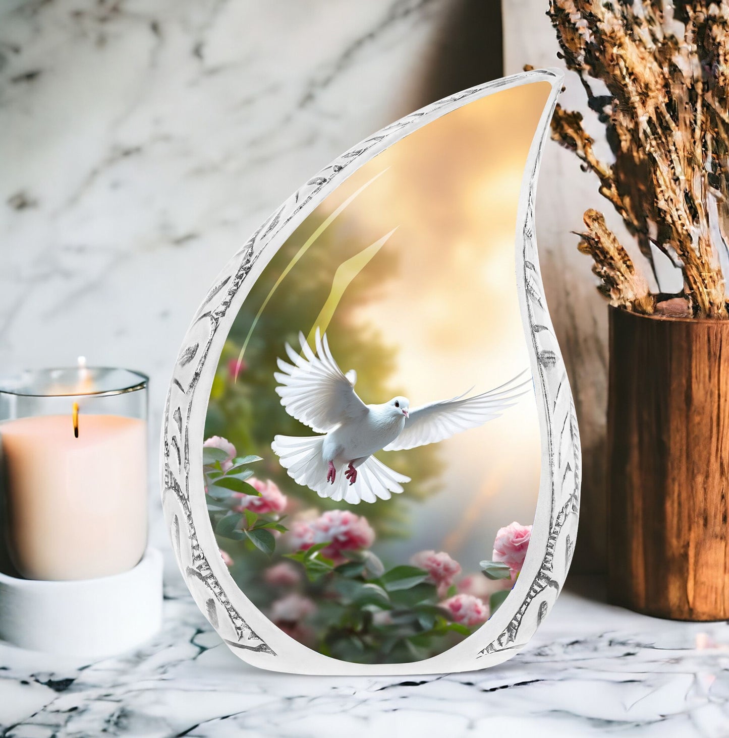 Large Dove Urn decorated with roses, ideal companion urn for memorial services