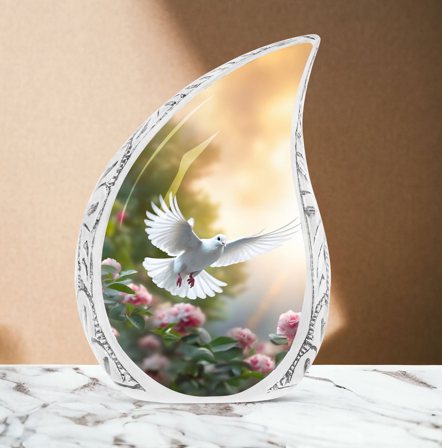 Large Dove Urn decorated with roses, ideal companion urn for memorial services