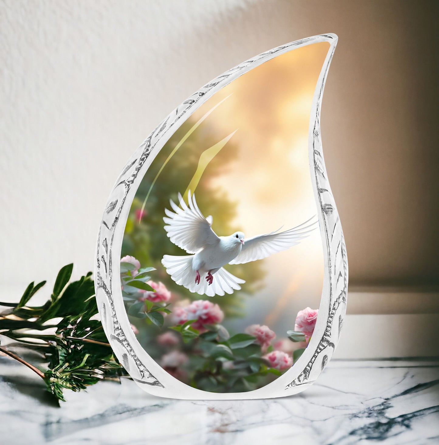 Large Dove Urn decorated with roses, ideal companion urn for memorial services