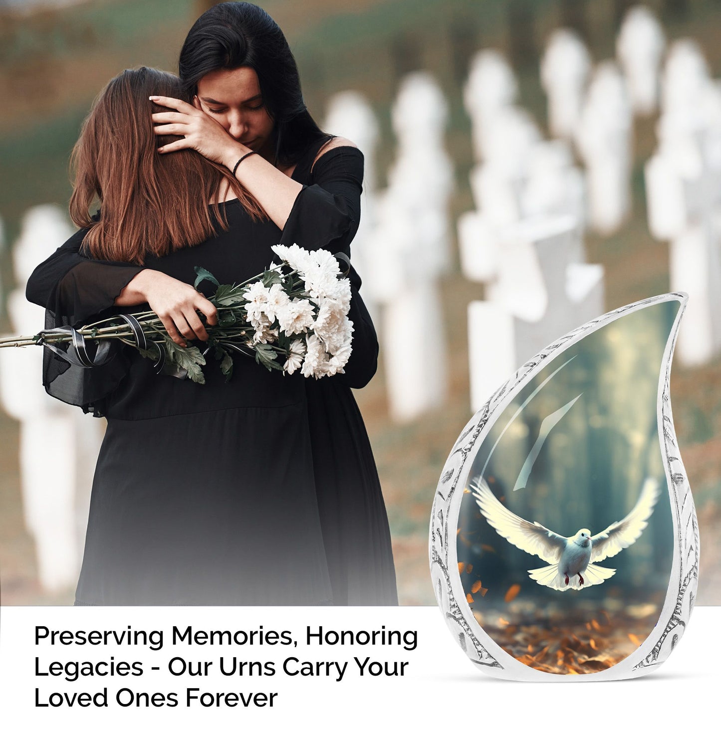 Large Dove Urn adorned with imagery of a dove in flight amidst fallen leaves, a suitable ashes holder for adult human ashes