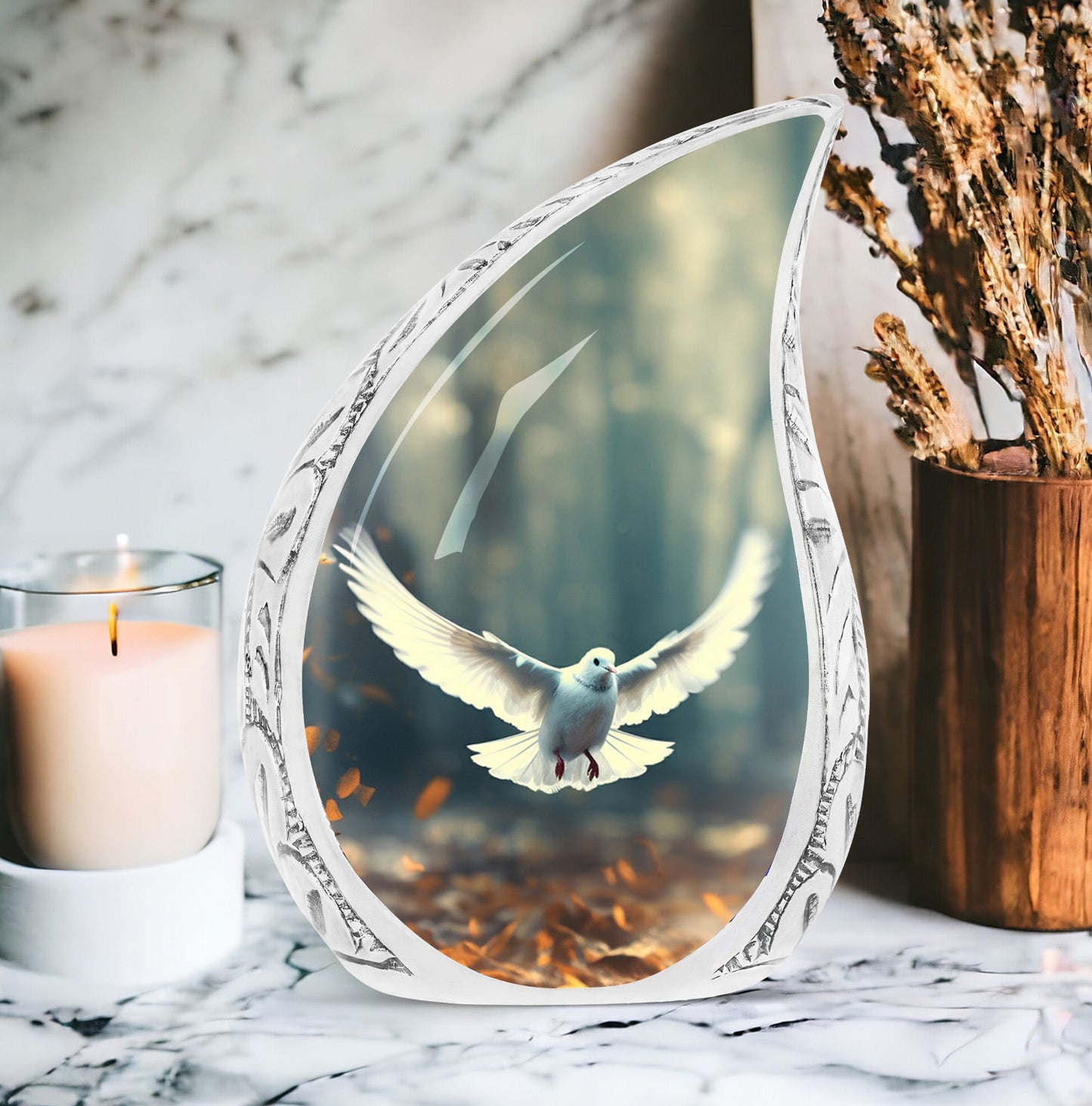 Large Dove Urn adorned with imagery of a dove in flight amidst fallen leaves, a suitable ashes holder for adult human ashes