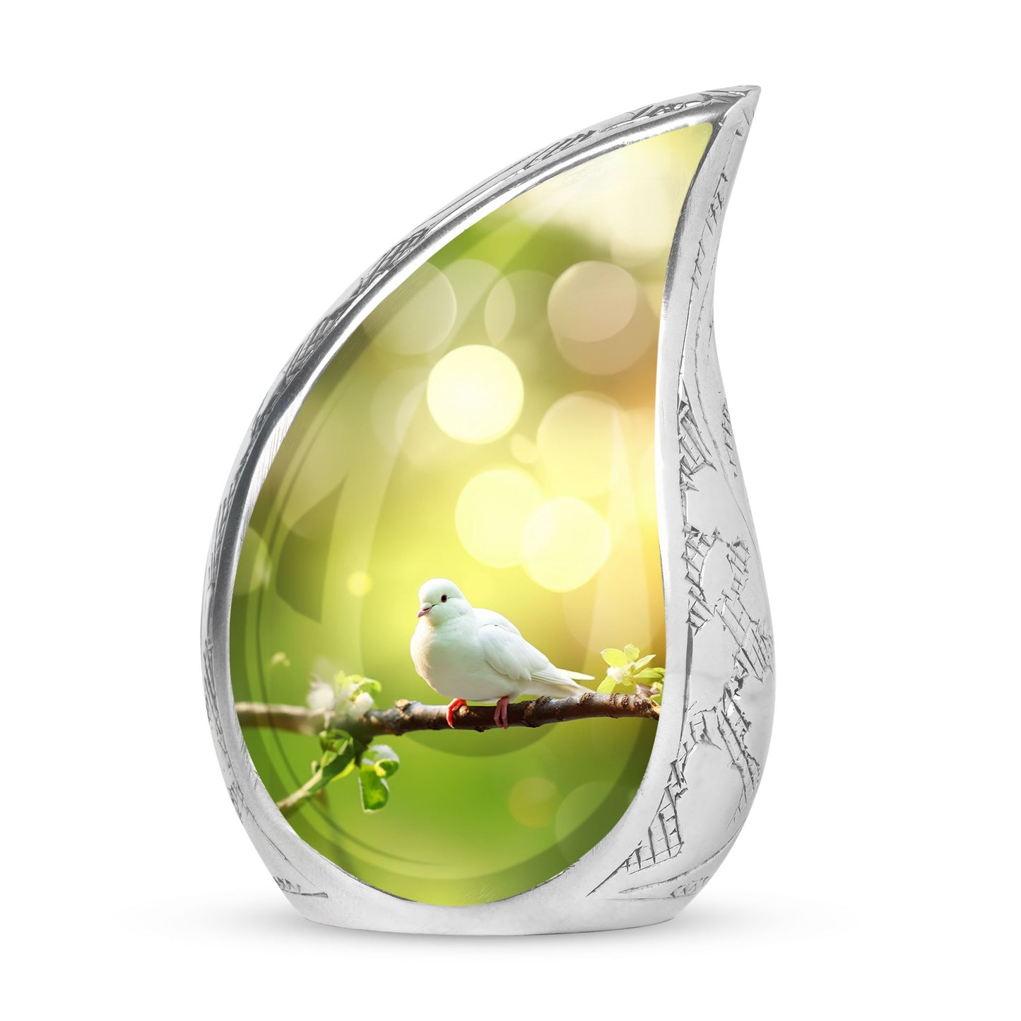 Large Dove Urn hovering over colorful wildflower field, perfect burial urn for human ashes