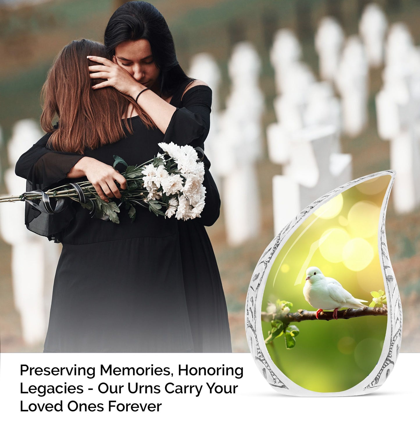 Large Dove Urn hovering over colorful wildflower field, perfect burial urn for human ashes