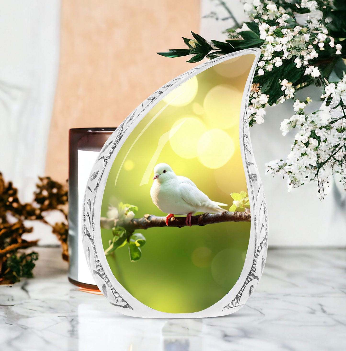 Large Dove Urn hovering over colorful wildflower field, perfect burial urn for human ashes